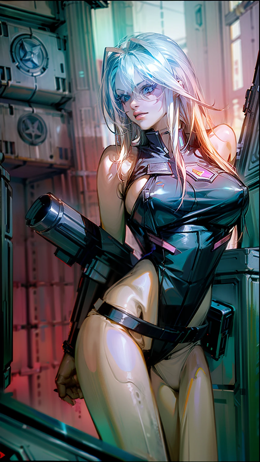 ((Best quality)), ((masterpiece)), (highly detailed:1.3), 1girl sexy pamela anderson  beautiful, (cyberpunk:1.2), in space, nebula, holding_weapon, 1girl, solo