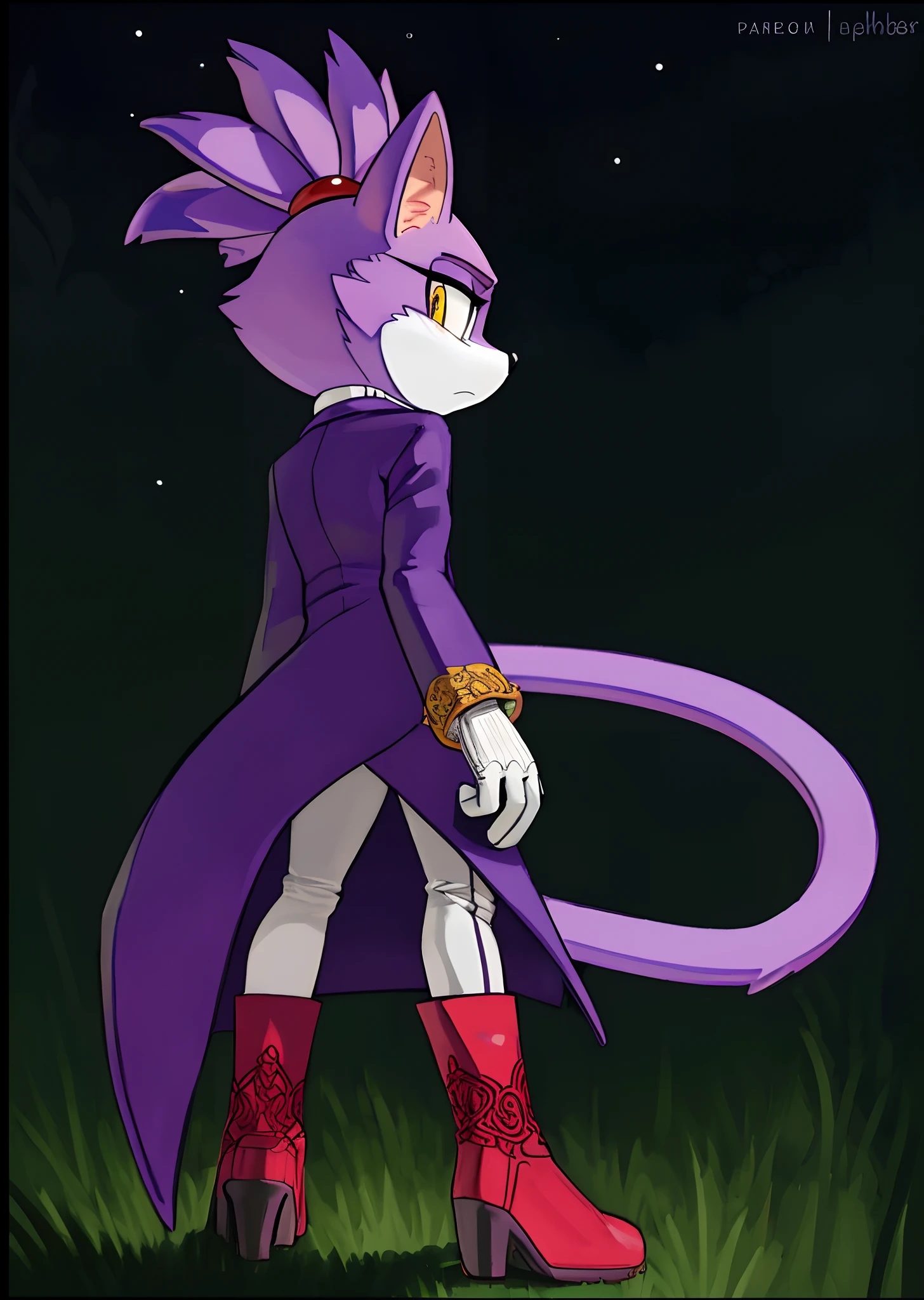 [Blaze the cat], [Uploaded to e621.net; (Pixelsketcher), (wamudraws), (napalm_express)], ((masterpiece)), ((HD)), ((High Quality)), ((furry)), ((solo portrait)), ((back view)), ((full body)), ((detailed fur)), ((detailed shading)), ((cel shading)), ((beautiful render art)), ((intricate details)), {anthro, (slender body), purple fur, black nose, cat ears, (cute yellow eyes), (red gem on forehead), long tail, (tied-up hair), (gorgeous hips), (beautiful legs), (expressionless), (frown)}, {(purple trench coat), (tight white spandex leggings), (white fluff-lined gloves), (red-pink fluff-lined heel boots)}, {(on grass), (standing), (arms at side), (looking back)}, [background; (forest), (spruce trees), (nighttime), (starry sky), (ambient lighting)]