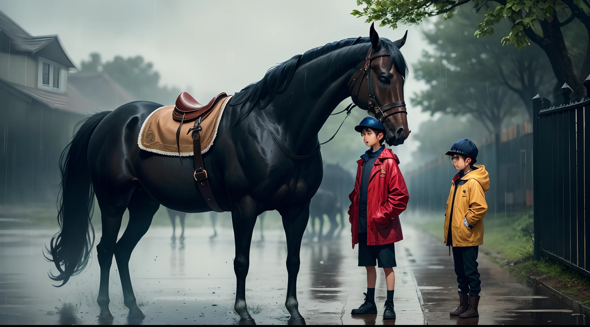 In the rainy weather, a bloody boy is standing next to a black horse.