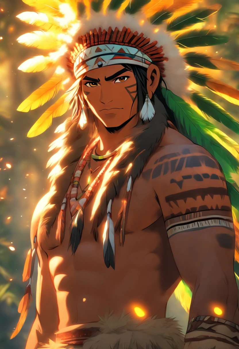 (((Indigenous man))) best quality, very high resolution, detailed CG in 4K, masterpiece, yellow and green feathers, amazon brazil, indigenous people, indigenous tribes, indigenous city, forest, aesthetics, beautiful image, centered on the screen, full body