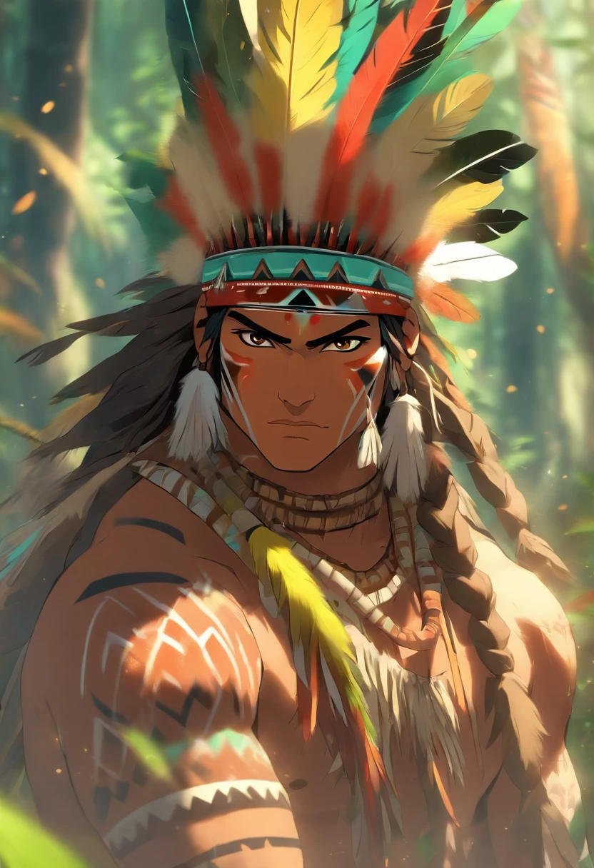 (((Indigenous man))) best quality, very high resolution, detailed CG in 4K, masterpiece, yellow and green feathers, amazon brazil, indigenous people, indigenous tribes, indigenous city, forest, aesthetics, beautiful image, centered on the screen, full body