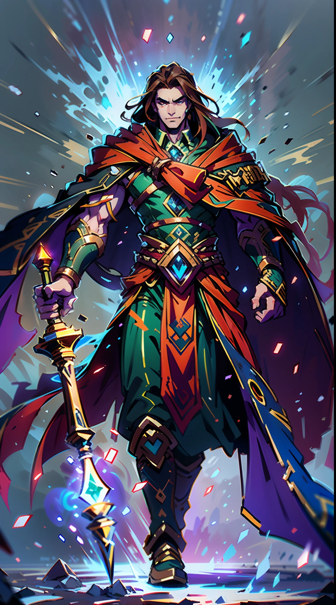 A man with long reddish-brown hair, wearing a red headband, an Eastern European face, deep and confident eyes, a confident smile, a red elongated totem mark on his face, a tall and strong physique, he wears a fantasy-style overlord attire, a blue-gold thick breastplate, a black tight-fitting undershirt, a massive cloak with heavy metal decorations, that cloak covers most of his body, thick red and blue heavy gauntlets, a metal belt with a thick long skirt-like hem, black pants, metal leg guards that match the gauntlets, he steps on the space with an awe-inspiring presence, red and blue and green energy surrounds him, red and blue and green Power surrounds him, white frost swirls around him, blue ice around him, red fire around him, purple Lightning around him, this character embodies a finely crafted fantasy-style overlord in anime style, characterized by an exquisite and mature manga illustration art style, high definition, best quality, highres, ultra-detailed, ultra-fine painting, extremely delicate, professional, anatomically correct, symmetrical face, extremely detailed eyes and face, high quality eyes, creativity, RAW photo, UHD, 8k, Natural light, cinematic lighting, masterpiece:1.5