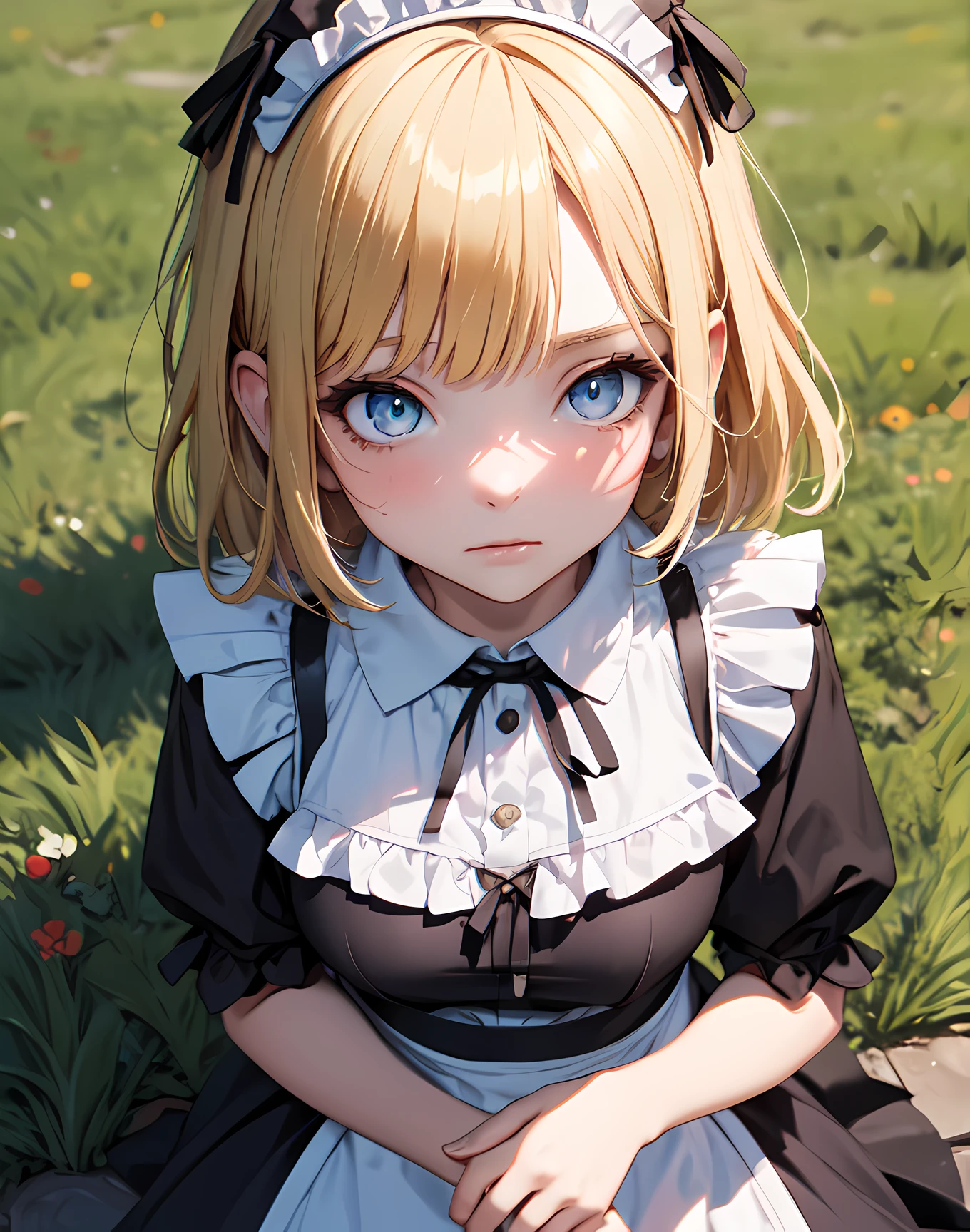 (best quality:1.1), (masterpiece:1.2), 1girl, high quality shadow, ((beautiful detailed)), (high detailed skin, skin details), (wide landscape, 8k), beautiful face, (detailed eyes), depth of field, dramatic light, best quality, highres, ((best shadow)), amelia watson, maid dress, maid , maid headdress, maid apron, laying on the ground, park, grass, cowboy shot