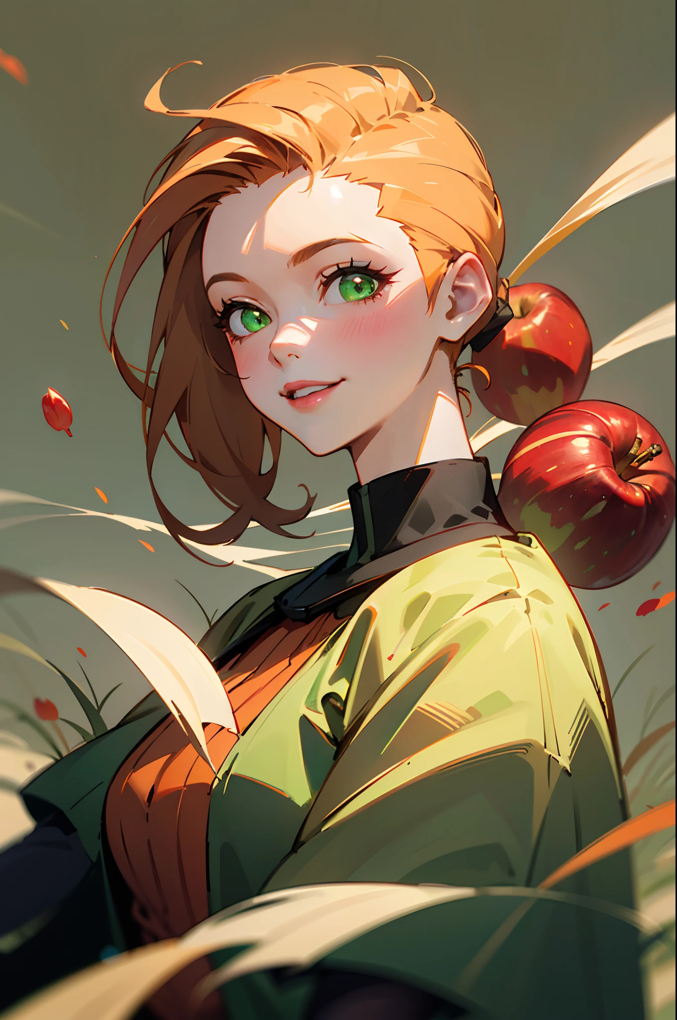 a 20 yo woman、Orange hair,Glowing green eyes,Side Ponytail、Big smile、Onepiece、(hi-top fade:1.3)、dark themed、Muted Tones、Subdued Color、highly contrast、Green meadow background、Have autumn fruits、apple、(natural skin textures、Hyper-Realism、Soft light、sharp)