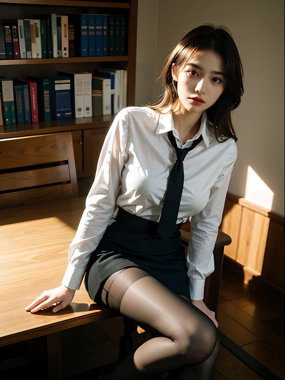 ((of the highest quality, 8K, masutepiece: 1.3, Raw photo)), Sharp Focus: 1.2, (1 AESPA Girl :1.1), Solo, (Realistic, Photorealistic: 1.37), (Face Focus: 1.1), Cute face, hyperdetailed face, short messy hair, Small Smile, small breasts, flat chest, nude, business shirt, chiffon skirt, office room, sitting, thigh
