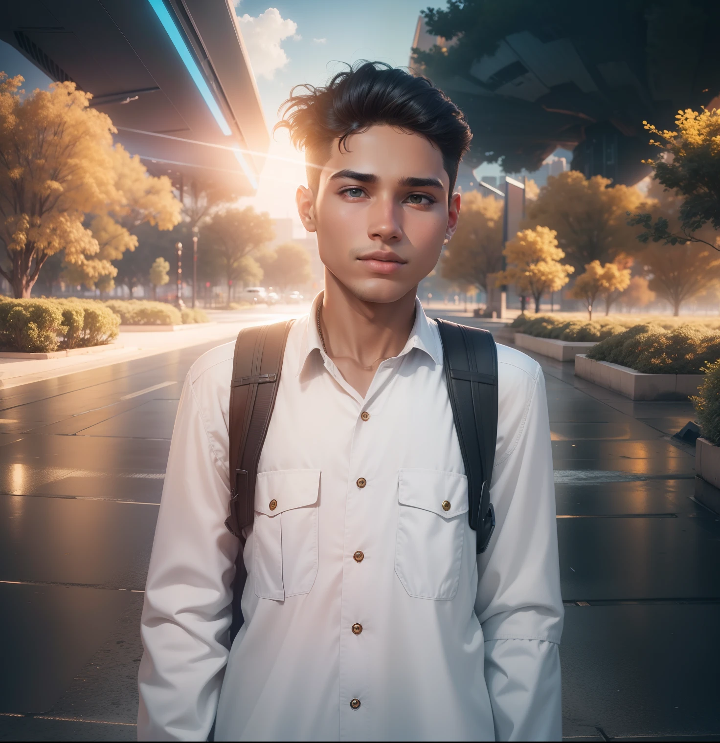 Boy Standing next to a beautiful girl futuristic background realistic face 8k ultra high quality
