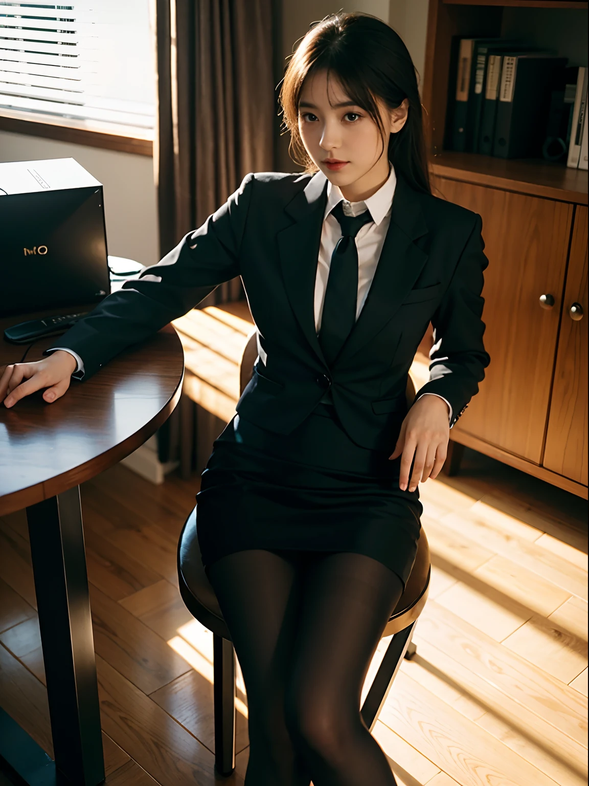 (Top quality, 8K, 32K, Masterpiece, hyper HD: 1.2), 1 girl, beautiful japanese woman, Thin waist, Shiny skin, Gray suit, Open jacket, Office Lady, suit, Mini skirt, Office, desk, (Spread legs: 1.2), Fine face, Short hair, white liquid on her legs and face