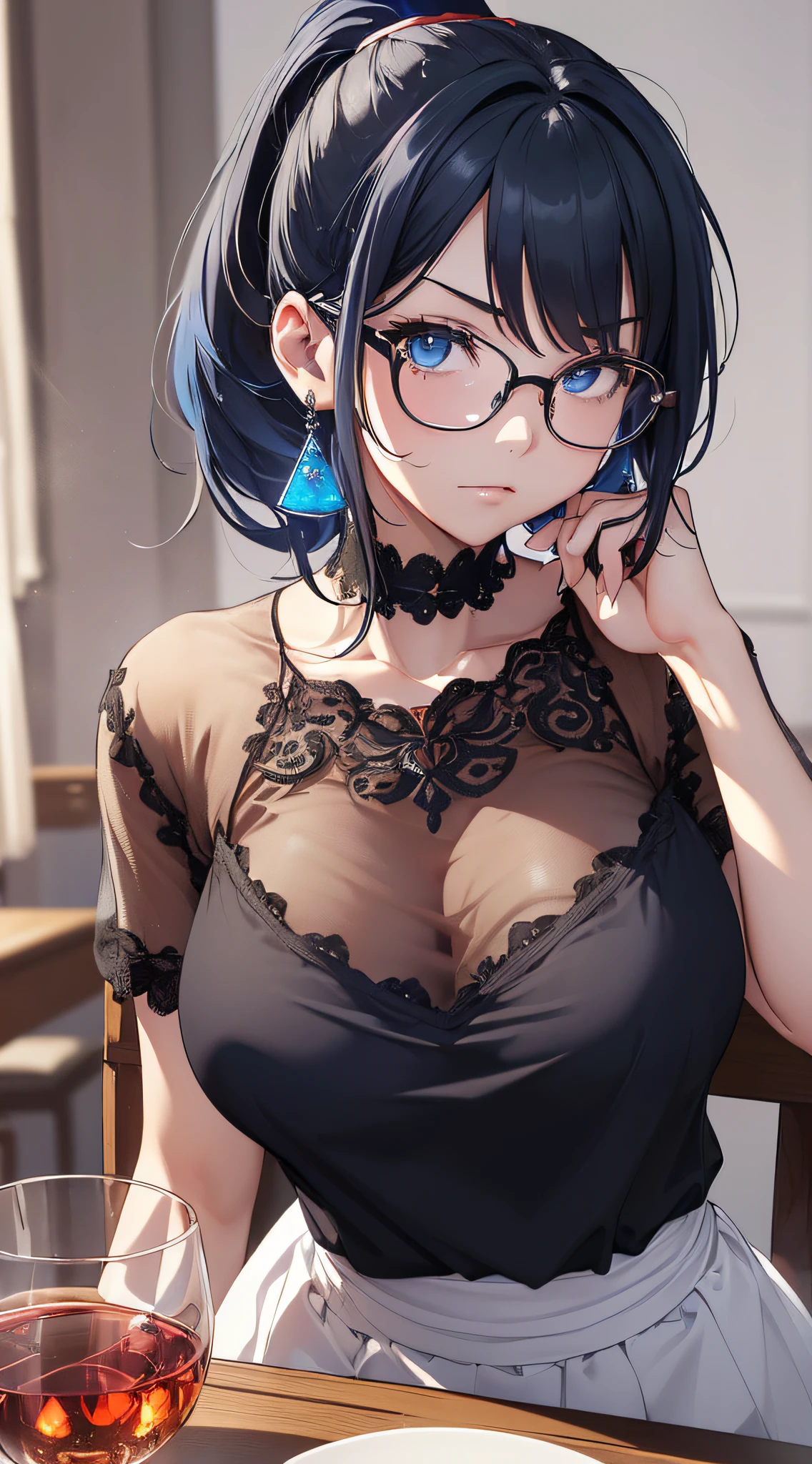 top-quality、Top image quality、masterpiece、girl with((cute little、18year old、Best Bust、Medium bust、Bust 85,Beautiful blue eyes、Breasts wide open,Black Short Sleeve T-Shirt、White see-through、Black short skirt、Ponytail with black hair、Beautiful blue earrings、A slender、Blue hair mesh、sit a chair、Meet your audience face-to-face、Leaning forward、Cheers、Poses that emphasize breasts、Fiddling with glasses、Drunken look、A slightly angry look、Look away a little))hiquality、Beautiful Art、Background with((Red and blue lighting、Stylish restaurant at night、Stylish table、White Wine Bottle、White Wine Glasses)),masutepiece、Elaborate design、visualart、depth of fields、The best lighting、highestdetailed、8k