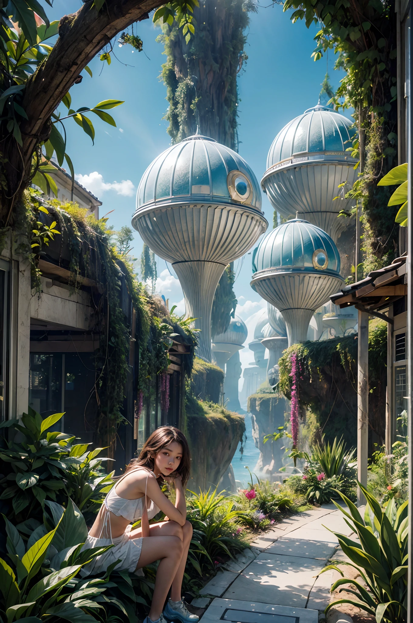 "A young girl with a sense of wonder explores an alien planet with vibrant chrome vegetation. The surreal landscape and flora create a stunning juxtaposition in a space-age paradise.
