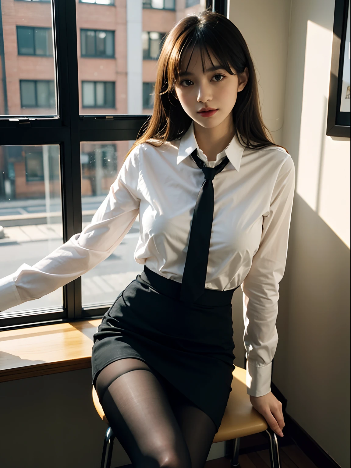 1girl,young girl, shiny skin,medium breasts,nice leg line:1.3, thin waist,school uniform, thighhighs,necktie,((pencil skirt)),looking at viewer,from below,( pantyhose:1.3),(The golden ratio figure),(Office, sit in a chair:1.3),Close range
masterpiece, best quality, best perspective, ultra-detailed and intricate, extremely delicate and beautiful, best quality light, (ray tracing:1.1), anti-aliasing,
realistic,photorealistic,award-winning illustration,(intricate details:1.2),(delicate detailed) (intricate details),(cinematic light,best quality Backlights),clear line,sharp focus,official art,unity 8k wallpaper,absurdres,incredibly absurdres,huge filesize,ultra-detailed,highres,extremely detailed extremely delicate and beautiful,RAW photo, professional lighting,dynamic lighting,light on the face,depthoffield,solofocus,