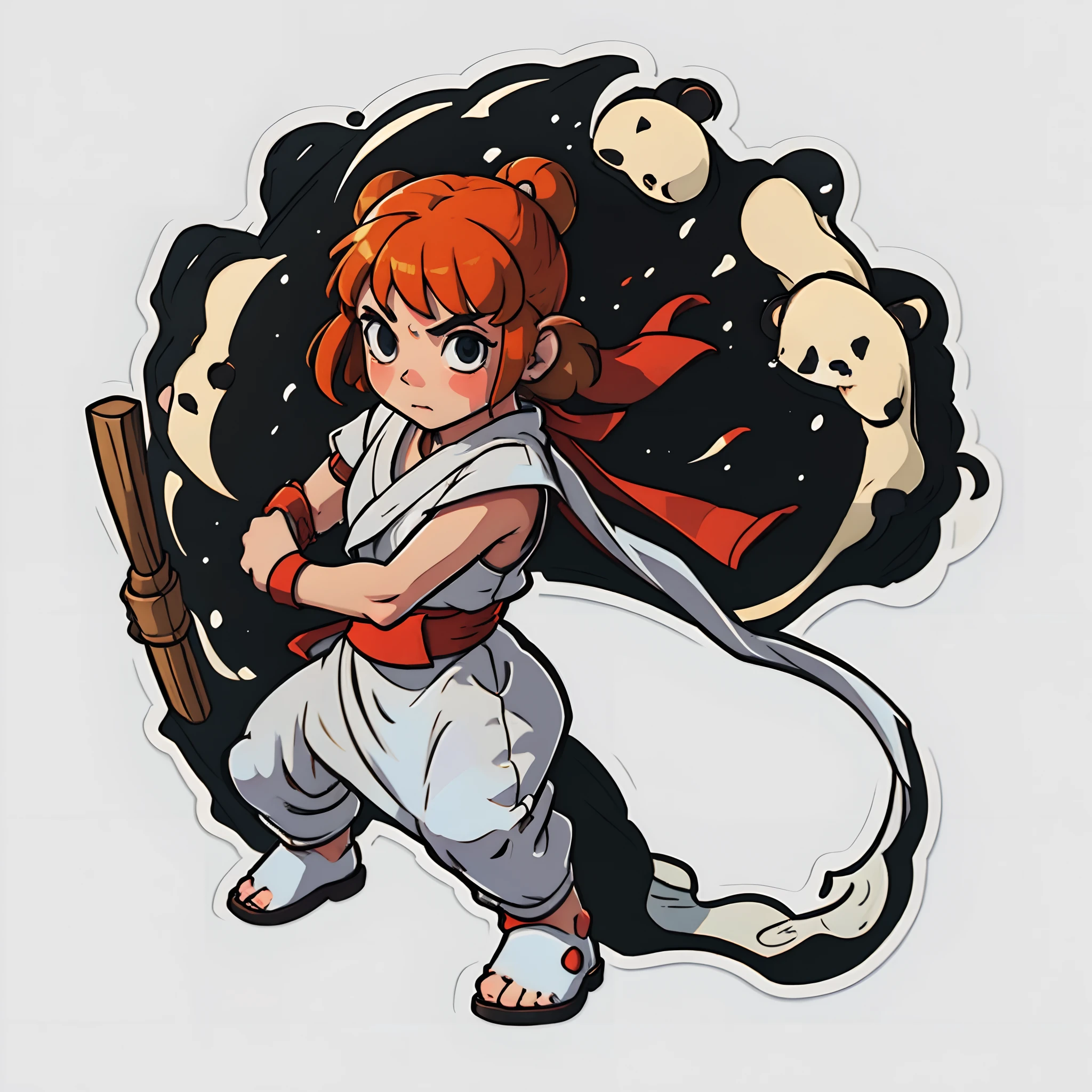 best quality, sticker, white background, solo shot, panda monk, dynamic action pose, chibi style, street fighter style, clean lines