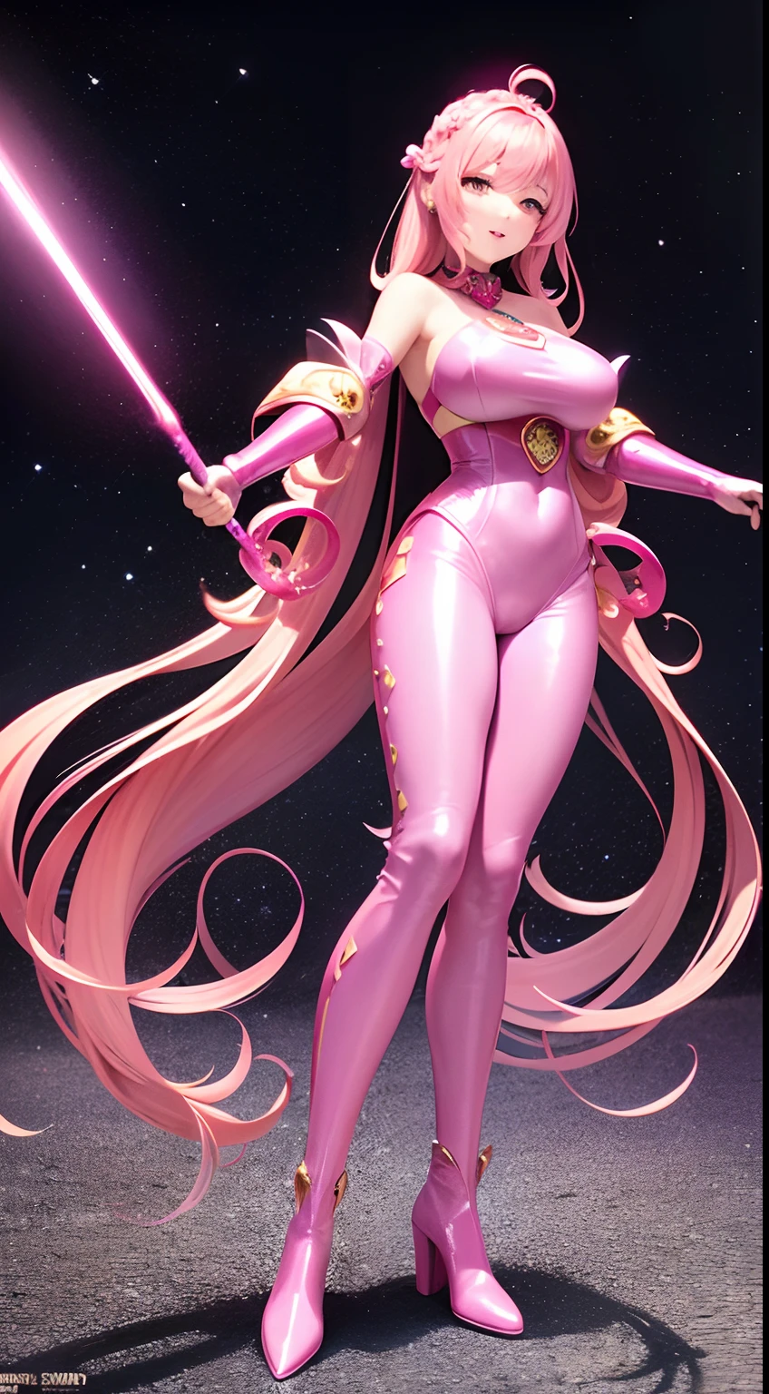 Best Quality,Saturn in the background,Beautiful Empress Ruling the Universe、Fight intergalactic wars with flaming swords,bright red lips,RPG Game Last Boss,fluttering pink wavy hair,((Metallic pink glamorous shiny full-length suit and long boots with leggings)),,The arrival of a goddess similar to the Japan idol Ai Shinozaki Triumphant smile
