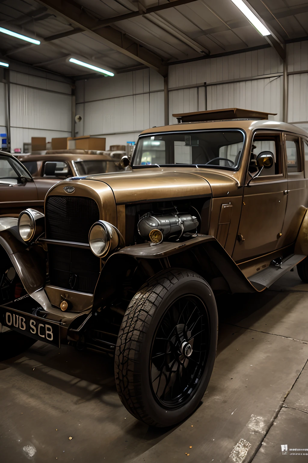 there is a old car that is parked in a garage, steampunk car, golden 1 9 2 0 s, a wide full shot, vintage aston martin, vintage car, vintage cars, by Derek Chittock, classic cars, old car, 1 9 3 1, by Jay Hambidge, by David Simpson, 1932, 1 9 3 2,volkswagen touareg