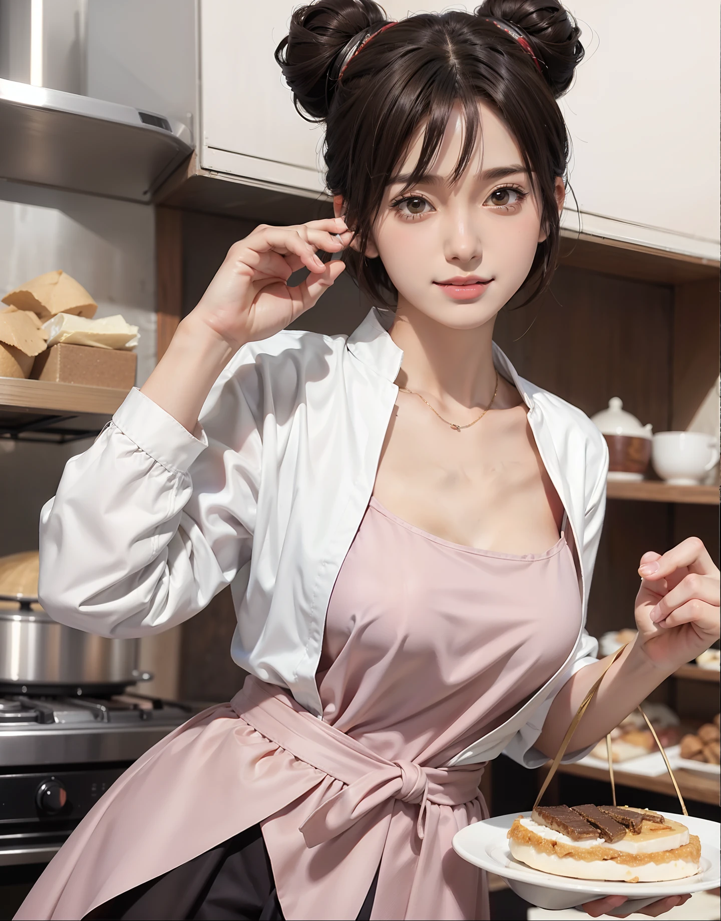 1girl, tenten in anime naruto, short hair, brown hair, brown eyes, smile, beautiful, sexy dress, sexy clothes, white clothes, very big breast, realistic clothes, detail clothes, outdoor background, ultra detail, realistic