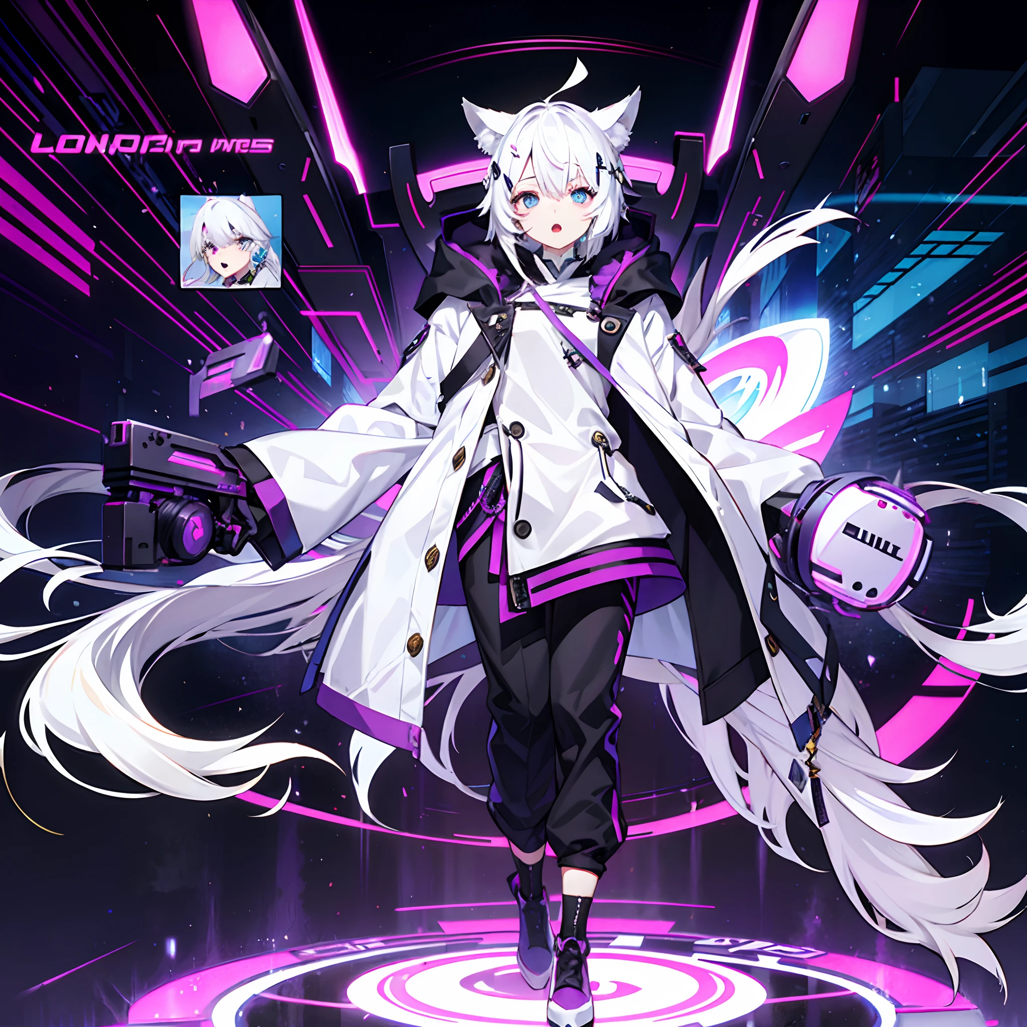 Wolf ears、head phone、animesque、Anime Drawing、white hair、odd eye、Full body painting、Purple Eye、Vibrant colors、hoods、trouser、a beauty girl、frontage、Mouth open、cyberpunked