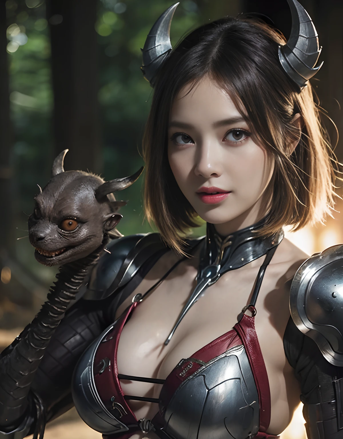 (1 Mechanical Girl)、top-quality、masterpiece、超A high resolution、(Photorealsitic:1.4)、Raw photo、女の子1人、Fight mutants、glowy skin、(((1 Mechanical Girl)))、With a beautiful knife、(Micro Bikini Armor)、((Big Heavy))、(Kobold、ogre、Fierce battle with orcs),(Fight fiercely against aliens)、Precipitous cliffs、(beautiful forest background)、(Fighting Demonic Beasts)、(Small LED)、((super realistic details))、portlate、highly intricate detail、Realistic light、(Mystical expression),CGSoation Trends、(Strong giant demon beast background),globalillumination、Shadow、octan render、8K、ultrasharp、Colossal tits、Raw skin is exposed in cleavage、metals、Details of complex ornaments、Japan details、highly intricate detail、Realistic light、(Mystical expression),CGSoation Trends、Red Eyes、radiant eyes、Facing the camera、neon details、(Mechanical limbs)、(blood vessels connected to tubes)、Mechanical vertebrae attached to the back、mechanical cervical attaching to neck、(Wires and cables connecting to the head)、Gundam、Small LED、,Mechanical thighs、Toostock、(Hands are also made of machines)、(Attack of the Monster Beasts)、(((Micro Bikini Armor))),