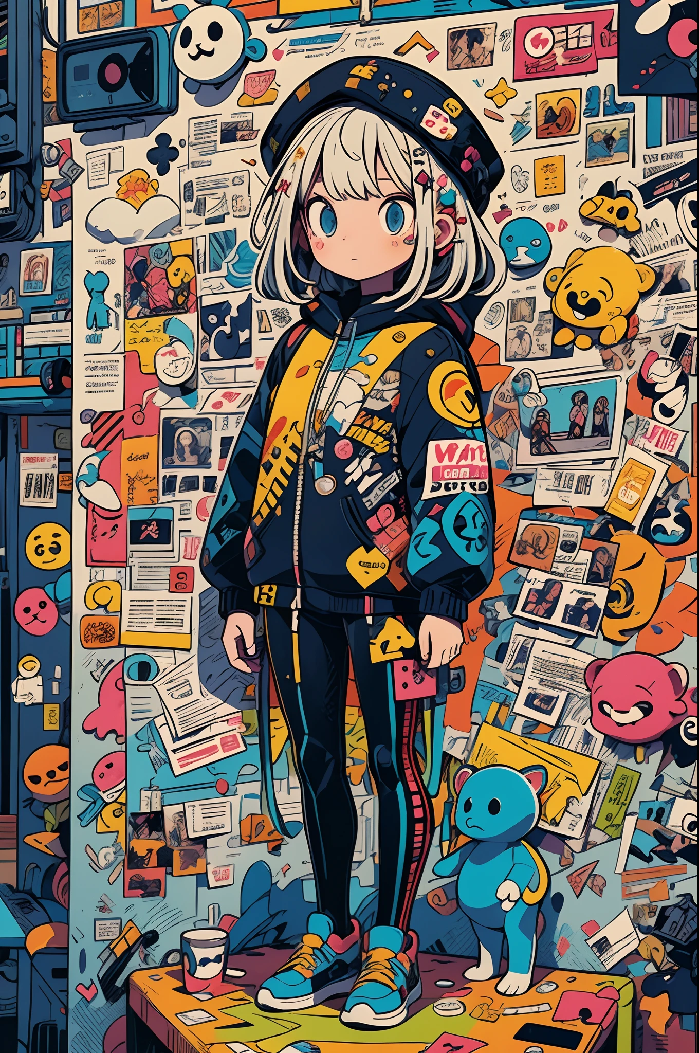 (masutepiece, of the highest quality, of the highest quality, Official art, Beauty and aesthetics: 1.2), (One girl: 1.4), Full body shot, (Lots of stickers: 1.5), Extreme Detail, (Fractal Art: 1.3), (Character and logo stickers: 1.5), highest details, (Mechanical modification: 1.3), (corrected: 1.2), Maiden, (Lots of fashionable stickers: 1.4), (Lots of stickers in different shapes: 1.7 ),Stickers all over the walls of the room,