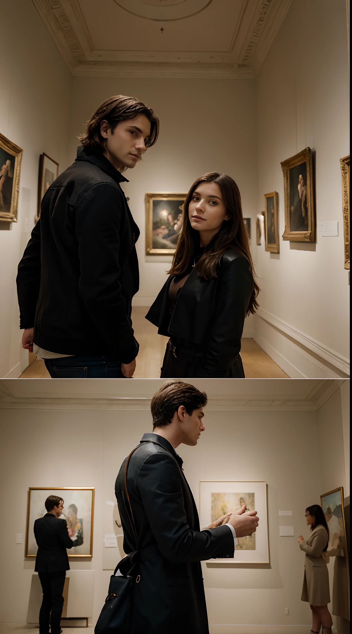 Scene that depicts an encounter between a woman and a man in an art gallery. Capture how their eyes first met. They're in a huge room with lots of paintings on display. La femme regarde l'homme furtivement, on voit de la gene dans sa facon de se tenir. L'homme sourit a la femme et tente de l'approcher. L'homme et la femme doivent se trouver dans l'illustration