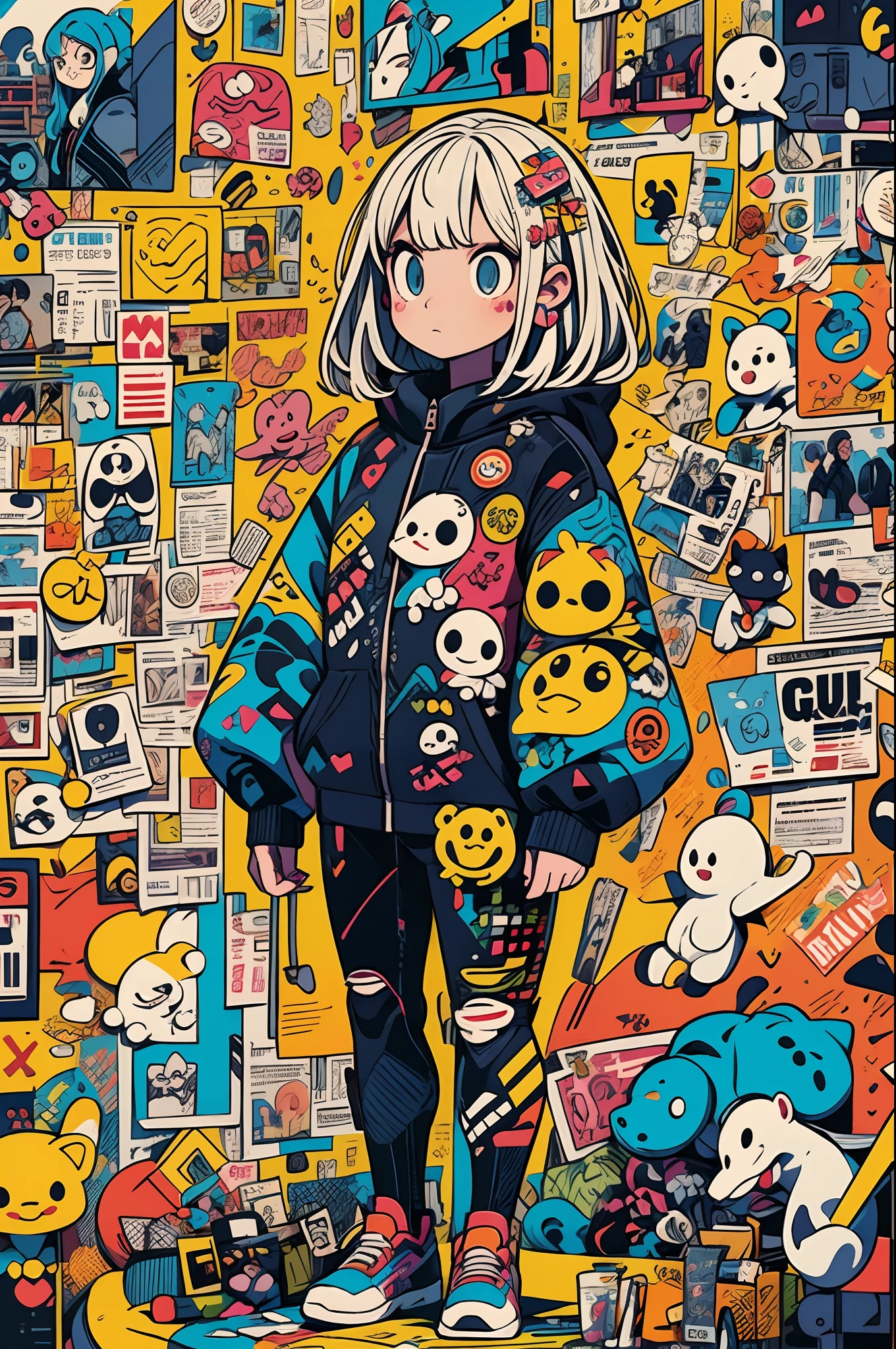 (masutepiece, of the highest quality, of the highest quality, Official art, Beauty and aesthetics: 1.2), (One girl: 1.4), Full body shot, (Lots of stickers: 1.5), Extreme Detail, (Fractal Art: 1.3), (Character and logo stickers: 1.5), highest details, (Mechanical modification: 1.3), (corrected: 1.2), Maiden, (Lots of fashionable stickers: 1.4), (Lots of stickers in different shapes: 1.7 ),Stickers all over the walls of the room,