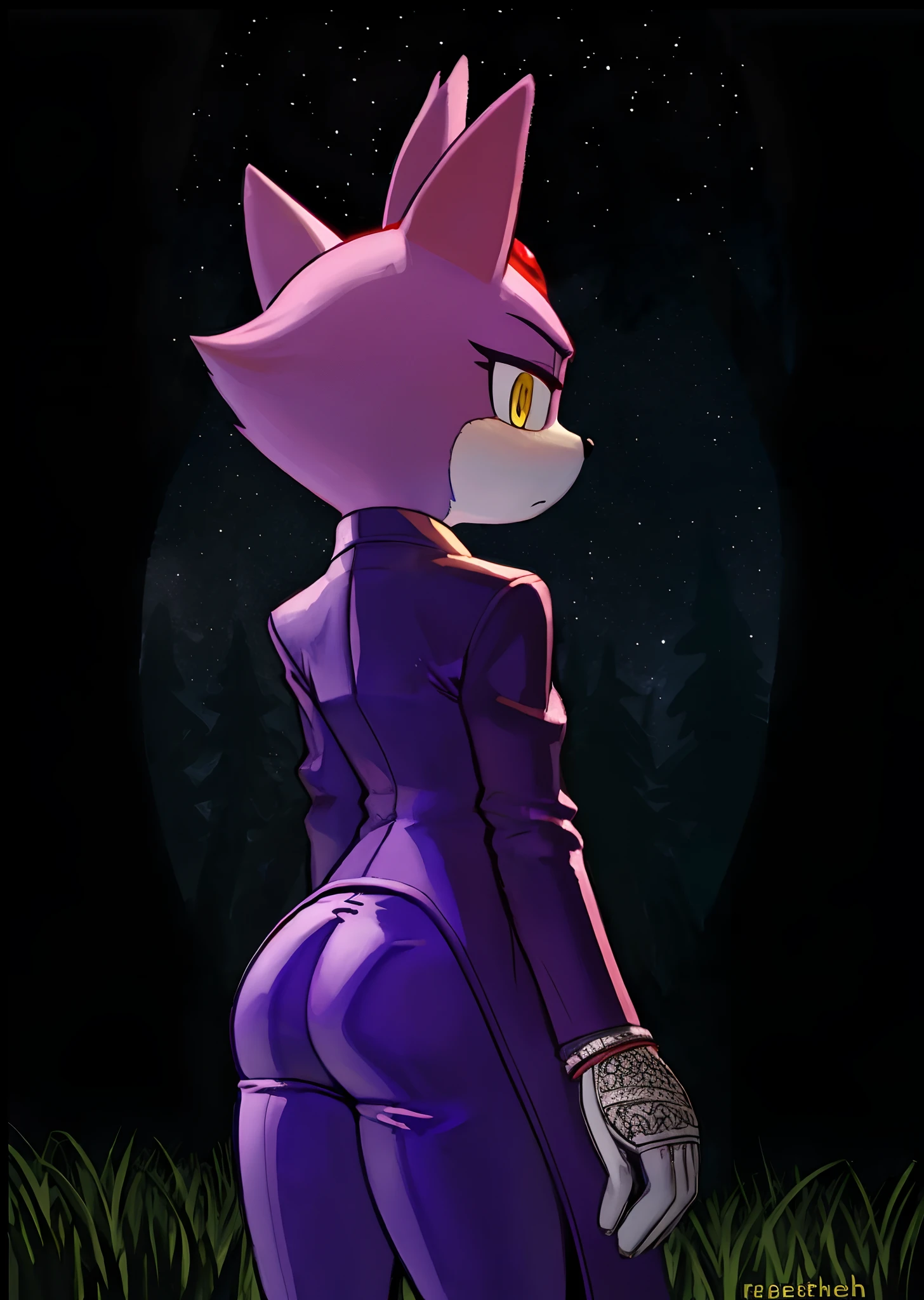 [Blaze the cat], [Uploaded to e621.net; (Pixelsketcher), (wamudraws), (napalm_express)], ((masterpiece)), ((HD)), ((High Quality)), ((furry)), ((ass focus)), ((solo portrait)), ((back view)), ((full body)), ((detailed fur)), ((detailed shading)), ((cel shading)), ((beautiful render art)), ((intricate details)), {anthro, (slender body), purple fur, black nose, cat ears, (cute yellow eyes), (red gem on forehead), long tail, (tied-up hair), (gorgeous hips), (beautiful legs), (expressionless), (frown)}, {(purple trench coat), (tight white spandex leggings), (white fluff-lined gloves), (red-pink fluff-lined heel boots)}, {(on grass), (standing), (arms at side), (looking back)}, [background; (forest), (spruce trees), (nighttime), (starry sky), (ambient lighting)]