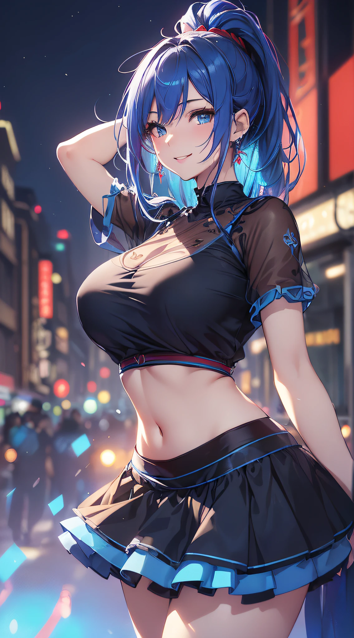 top-quality、Top image quality、​masterpiece、girl with((18year old、Best Bust、Medium bust、Bust 85,Beautiful blue eyes、Breasts wide open,Black Short Sleeve T-Shirt、White see-through、Black short skirt、Ponytail with black hair、Smile Face、Beautiful blue earrings、A slender、Height 175cm,Leaning forward、Blue hair mesh、emphasizing breasts)）hiquality、Beautiful Art、Background with((Red and blue lighting、beautiful night scene、parade)),masutepiece、Elaborate design、visualart、depth of fields、The best lighting、highestdetailed、8ｋ