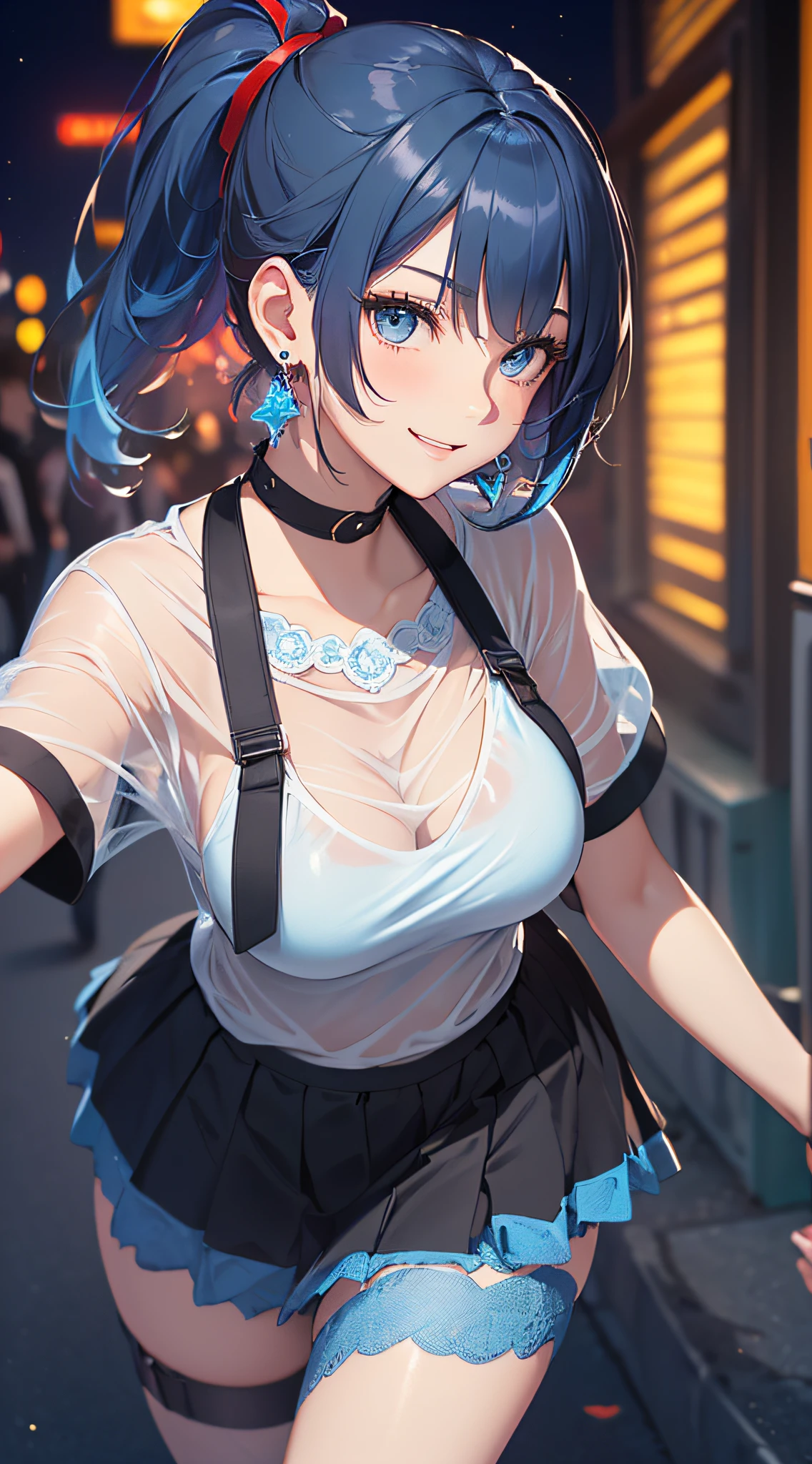 top-quality、Top image quality、masterpiece、girl with((18year old、Best Bust、Medium bust、Bust 85,Beautiful blue eyes、Breasts wide open,Black Short Sleeve T-Shirt、White see-through、Black short skirt、Ponytail with black hair、Smile Face、Beautiful blue earrings、A slender、Height 175cm,Leaning forward、Blue hair mesh、emphasizing breasts))hiquality、Beautiful Art、Background with((Red and blue lighting、beautiful night scene、parade)),masutepiece、Elaborate design、visualart、depth of fields、The best lighting、highestdetailed、8k