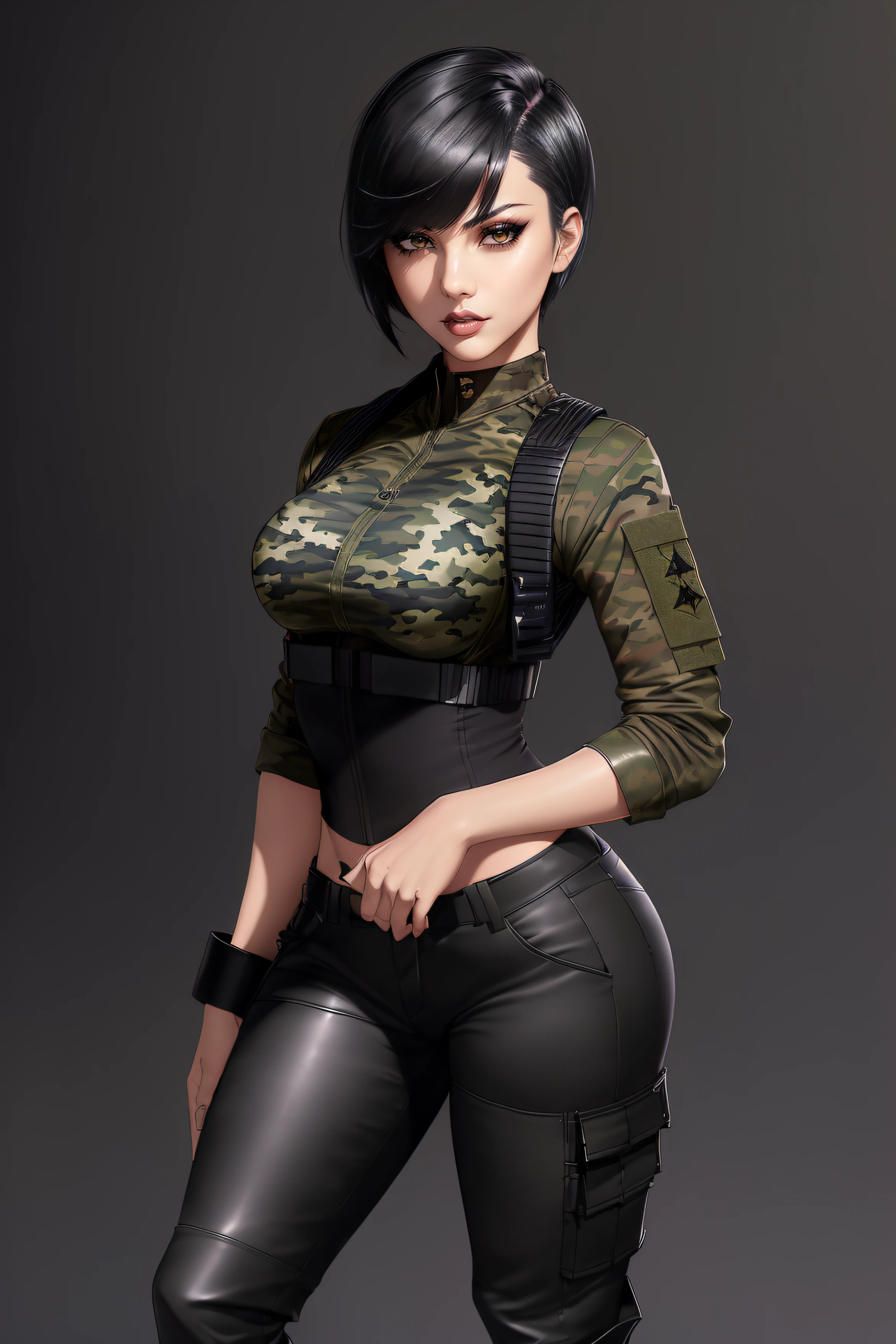 beautiful girl, ((standing:1.4)), (confident gaze:1.1), full body, short black hair, ((seductive pose:1.2)), black eyeshadow, (military wear:1.2), ((tight fitted combat camo pants)), ((ankle leather military boots)), (dark city night black background:1.4), dark makeup, digital art, trending on artstation, highly detailed, fine detail, intricate, detailed facial features, sharp focus, smooth, aesthetic,