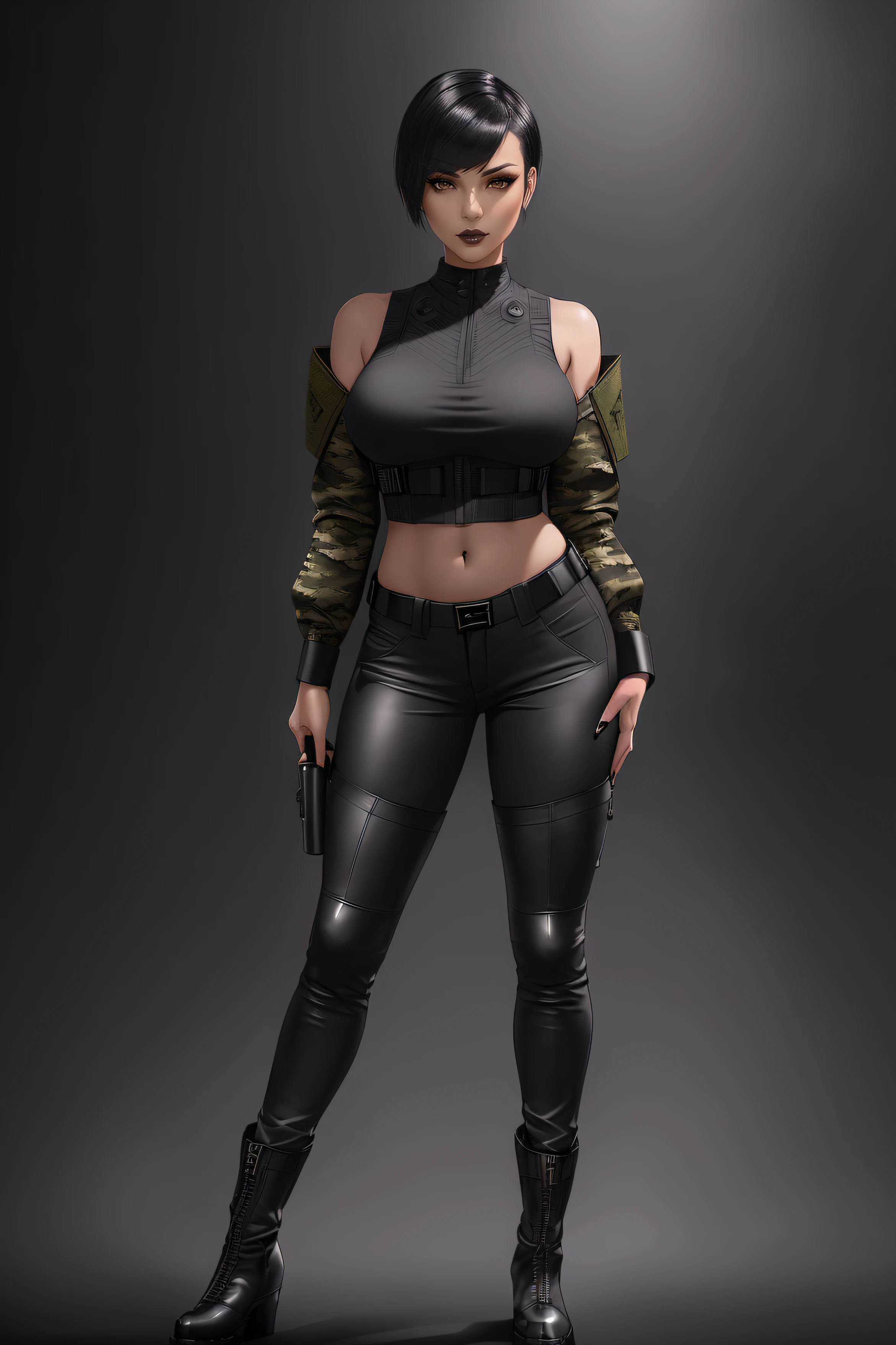 beautiful girl, ((standing:1.4)), (confident gaze:1.1), full body, short black hair, ((seductive pose:1.2)), black eyeshadow, (military wear:1.2), ((tight fitted combat camo pants)), ((ankle leather military boots)), (dark city night black background:1.4), dark makeup, digital art, trending on artstation, highly detailed, fine detail, intricate, detailed facial features, sharp focus, smooth, aesthetic,