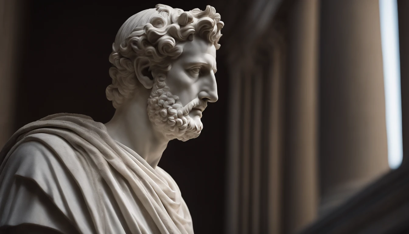 A realistic white Greek marble statue of Marcus Aurelius pensively detailed in a ghostly toga, Fondo oscuro, malhumorado, , fotorrealista, Cena de cine reflexiva, super detailed, hiperrealista, poca luz, 8k