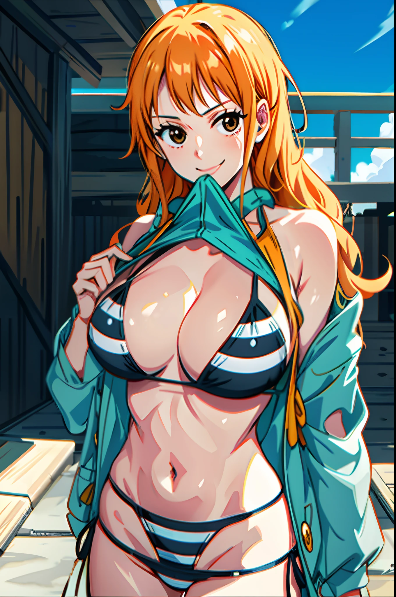 1girl in,,bikini of,Blurry_Foreground,breasts,corrected,Depth_In the_field,flaccid,greys_Background,hetero,long_hair,Lying,mosaic_censorship,motion_blur,Navel,orange_hair,Photo_(Medium),Sandals,Smile,Solo_Focus,Striped,Striped_bikini of,Swimsuit,Nami_(One_piece)