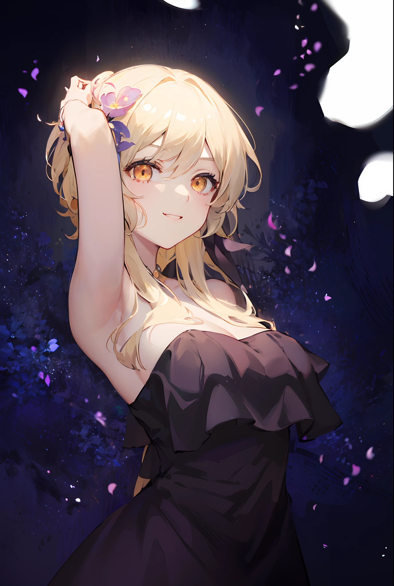 a game female character holding out her free arm holding hair back by way of ribbon, 1girl, blonde hair, lumine (genshin impact), solo, dress, hair ornament, breasts, looking at viewer, hair flower, flower, black dress, golden eyes, bare shoulders, open neck, upper body, armpits, bangs, smiling, anime moe artstyle, cute anime waifu in a nice dress, yandere intricate, gapmoe yandere, zerochan art, gapmoe yandere grimdark, anime style like fate/stay night