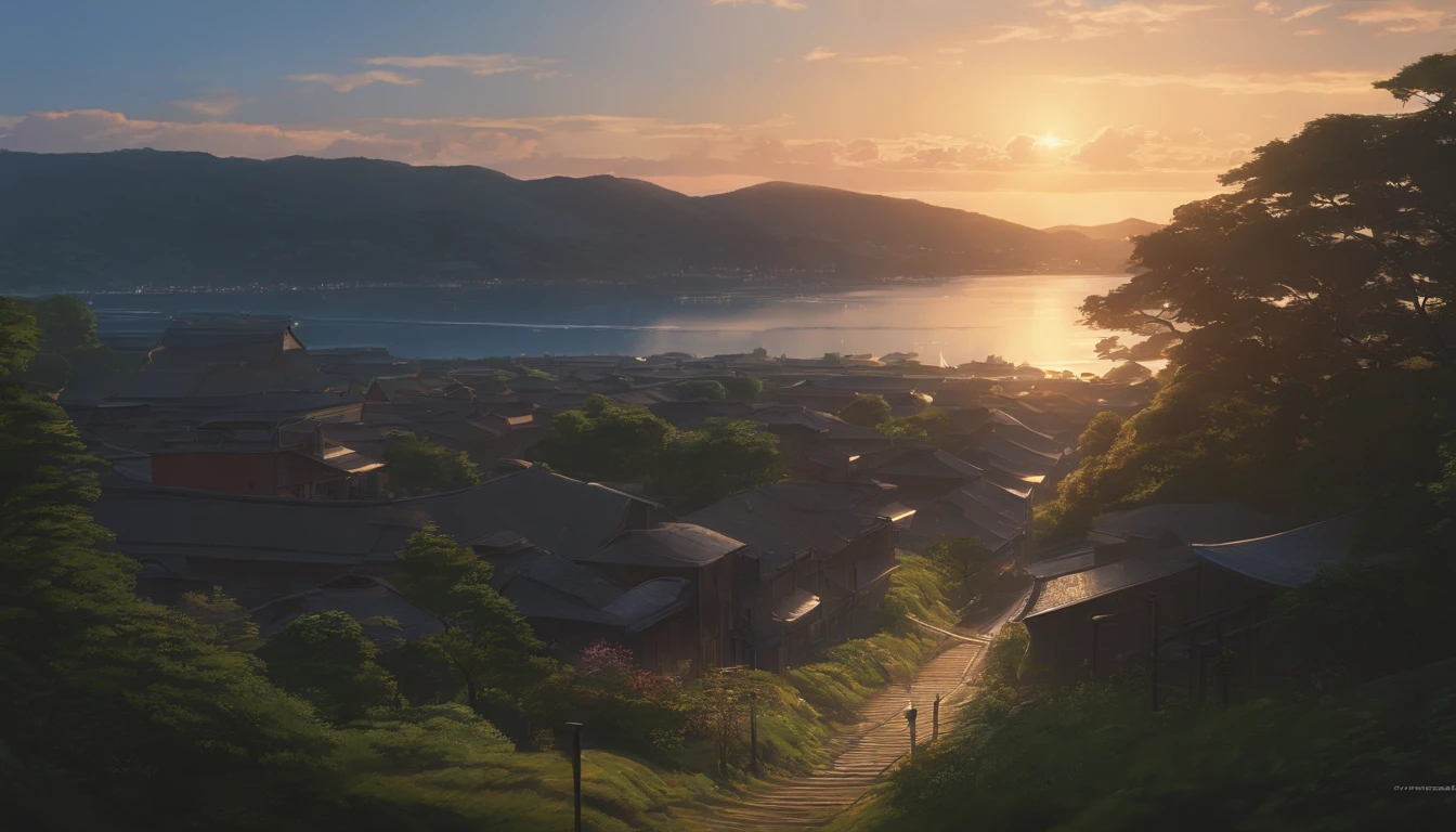 by makoto shinkai and ghibli studio, outlined silhouettes, Dramatic Lighting, Highly detailed, Incredible quality, Trending on ArtStation, masutepiece, 8K、bathhouse、a person、hot Water、chimney、fumo、Residential area