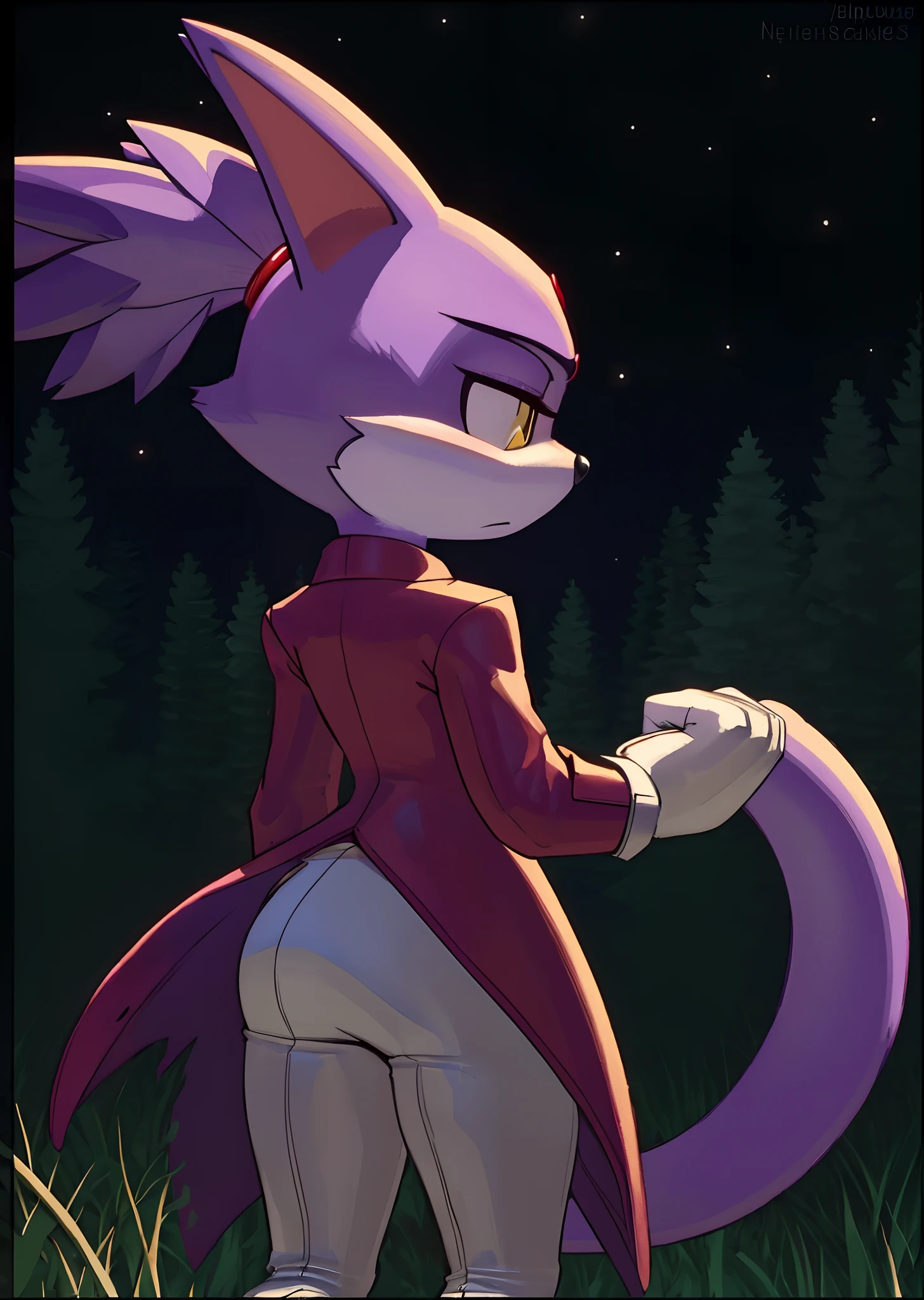 [Blaze the cat], [Uploaded to e621.net; (Pixelsketcher), (wamudraws), (napalm_express)], ((masterpiece)), ((HD)), ((High Quality)), ((furry)), ((ass focus)), ((solo portrait)), ((back view)), ((full body)), ((detailed fur)), ((detailed shading)), ((cel shading)), ((beautiful render art)), ((intricate details)), {anthro, (slender body), purple fur, black nose, cat ears, (cute yellow eyes), (red gem on forehead), long tail, (tied-up hair), (gorgeous hips), (beautiful legs), (expressionless), (frown)}, {(purple trench coat), (tight white spandex leggings), (white fluff-lined gloves), (red-pink fluff-lined heel boots)}, {(on grass), (standing), (clutching fist), (looking back)}, [background; (forest), (spruce trees), (nighttime), (starry sky), (ambient lighting)]