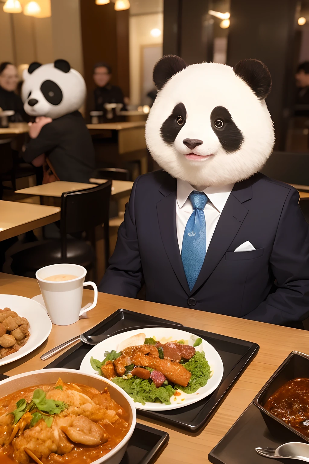 Capture the heartwarming moment of a giant fluffy panda in blue office suits seated at a restaurant table, crowded restaurant, people staring at him, savoring a plate of nasi lemak, fried chicken, and a glass of ice milo. The panda's face should light up with pure happiness and surprise, with a mouthful of nasi lemak, as if it's tasting this beloved Malaysian dish for the very first time, 4k, cinematic lighting, dramatic effect,