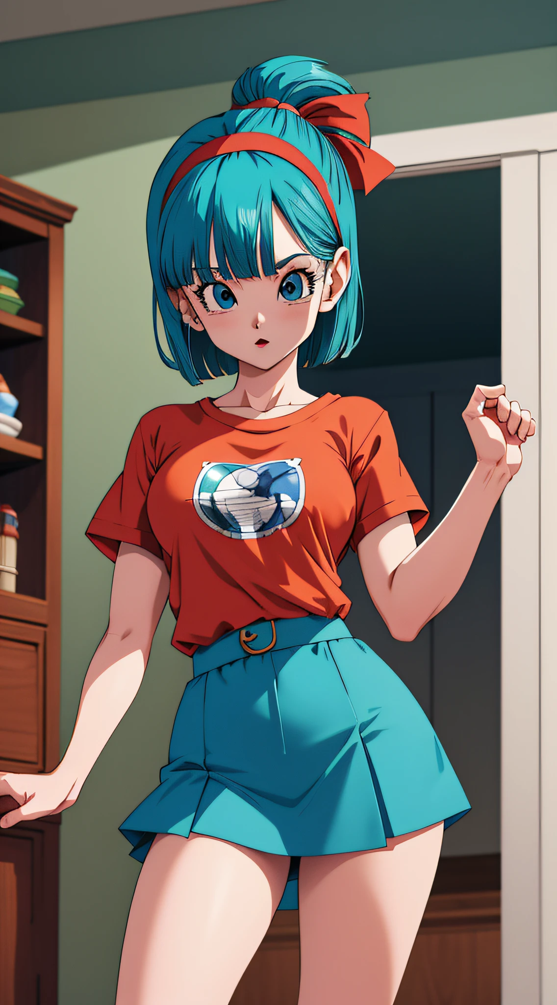 masterpiece, best quality, highres, dragon ball, blmmid, aqua hair, medium hair, blunt bangs, red hairband, medium breasts, shirt, skirt, cowboy shot, indoors, standing,