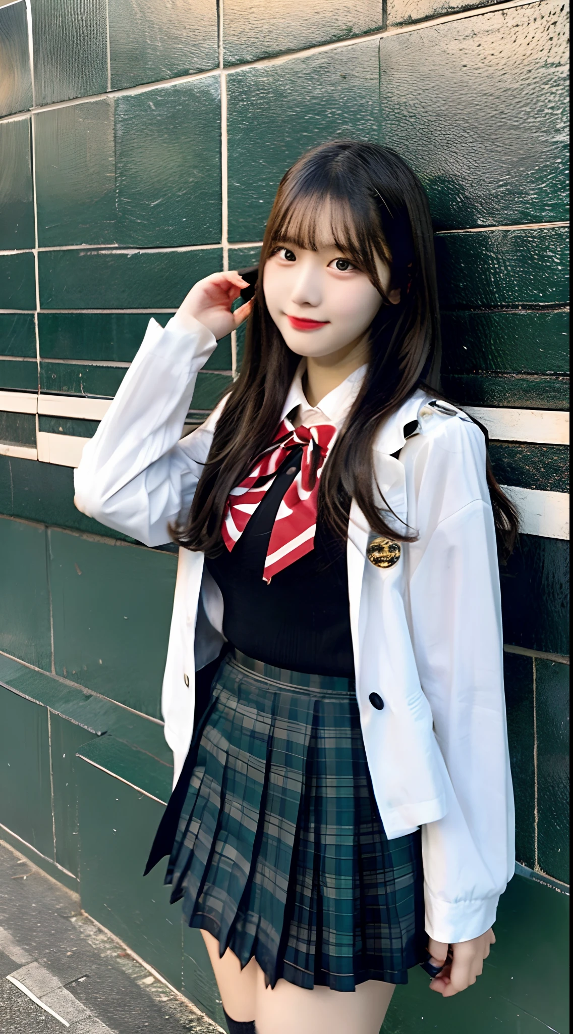 Japanese、、high school girl、White Blazer Uniform、Red checkered mini skirt、