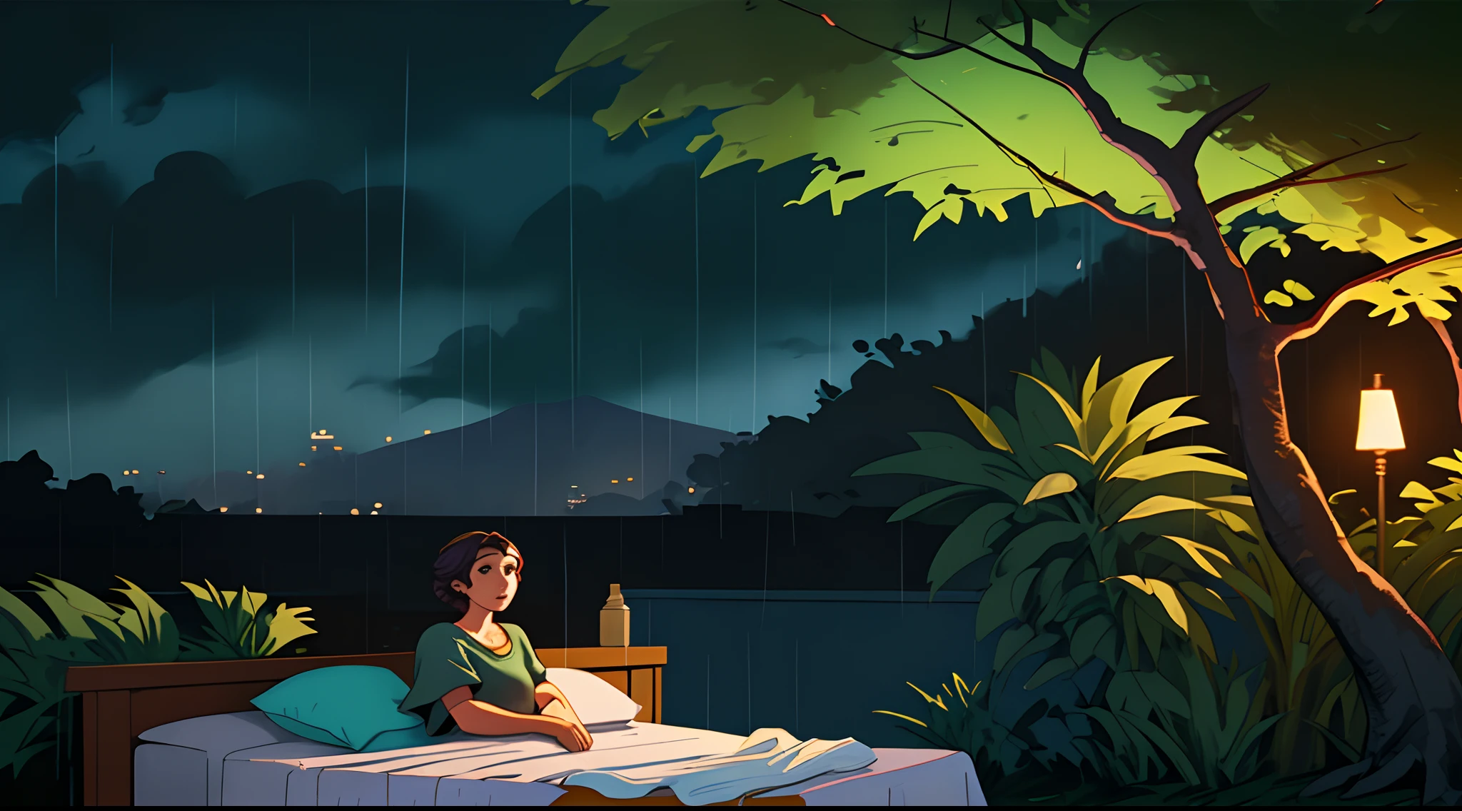 (master part, melhor qualidade),Quarto com Vista arvores tropicais,fora da janela,it's raining,mistborn,comfortable bed,Florestas,quente,night ligthning