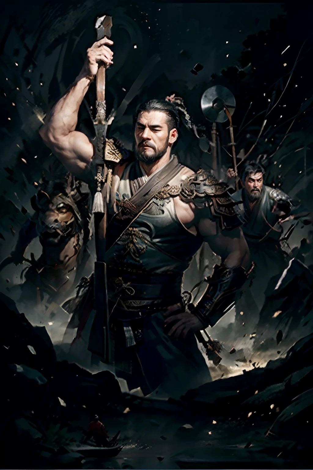 Ancient Chinese Battlefield,The man rides a tall war horse,Holding a huge long-handled axe in both hands,A strong man with a strong physique,black face,Tall body,large beard,Wearing ancient Chinese armor。Wielding an axe with swift and mighty martial arts and momentum,Imposing appearance, dynamic movements,contrast of light and shadow,Classic Chinese art style