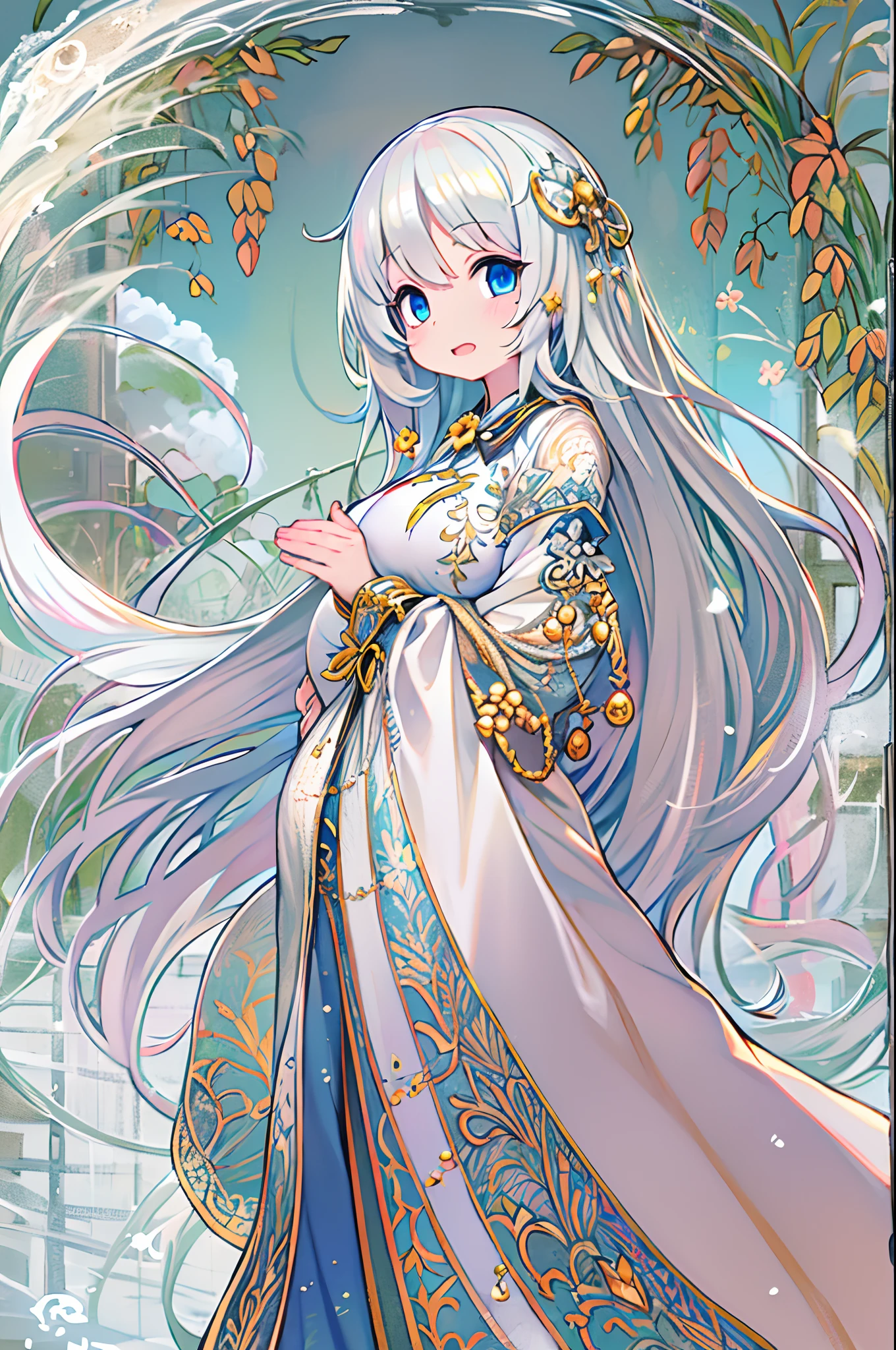 Best Quality, masutepiece,White hair, Blue eyes, Upper body,luxurious backdrop,1girl in, Flowing hair