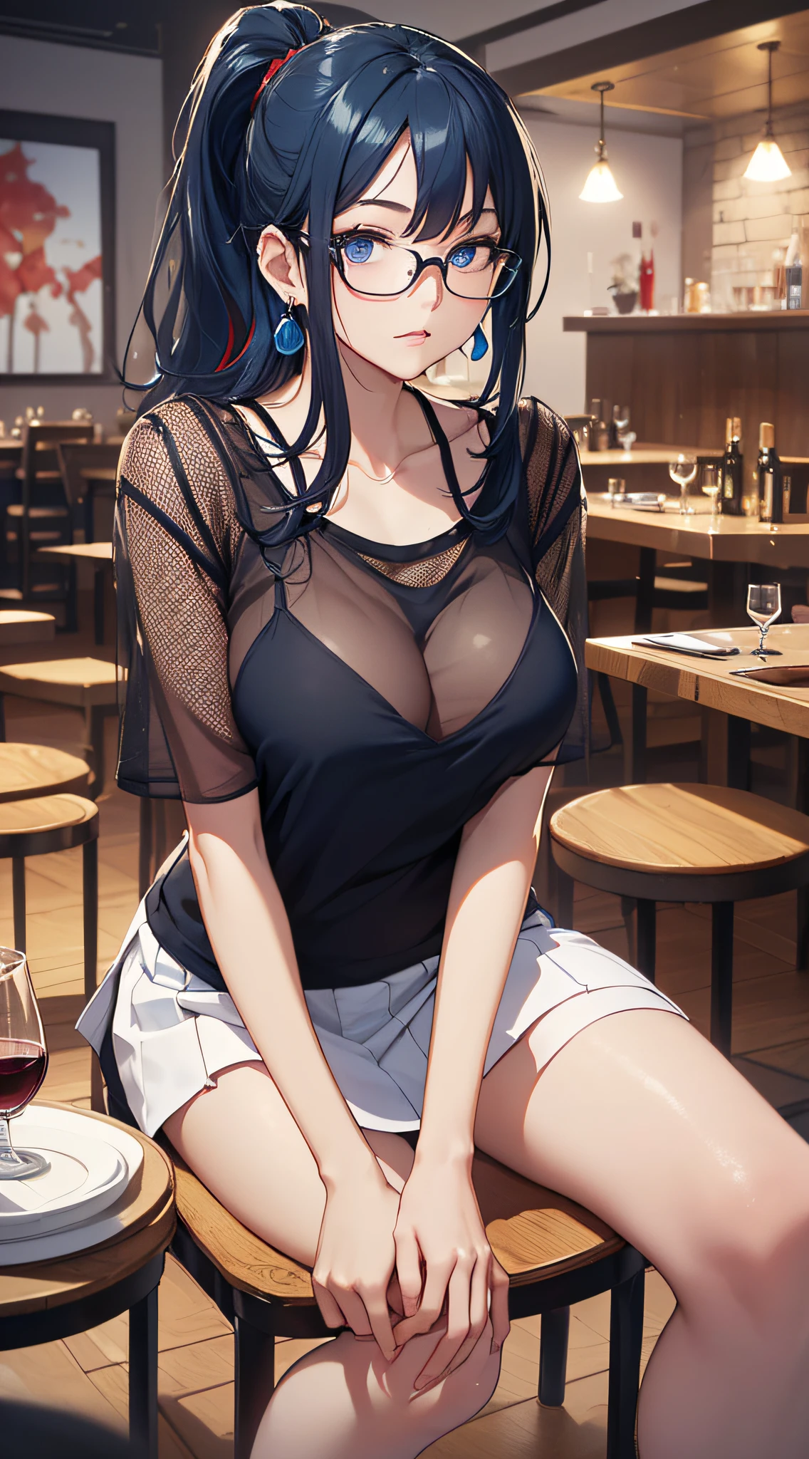 top-quality、Top image quality、​masterpiece、girl with((cute little、18year old、Best Bust、Medium bust、Bust 85,Beautiful blue eyes、Breasts wide open,Black Short Sleeve T-Shirt、White see-through、Black short skirt、Ponytail with black hair、Beautiful blue earrings、A slender、Blue hair mesh、sit a chair、Meet your audience face-to-face、Leaning forward、Poses that emphasize breasts、Fiddling with glasses、Drunken face、Look away a little)）hiquality、Beautiful Art、Background with((Red and blue lighting、Stylish restaurant at night、Stylish table、White Wine Bottle、White Wine Glasses)),masutepiece、Elaborate design、visualart、depth of fields、The best lighting、highestdetailed、8ｋ