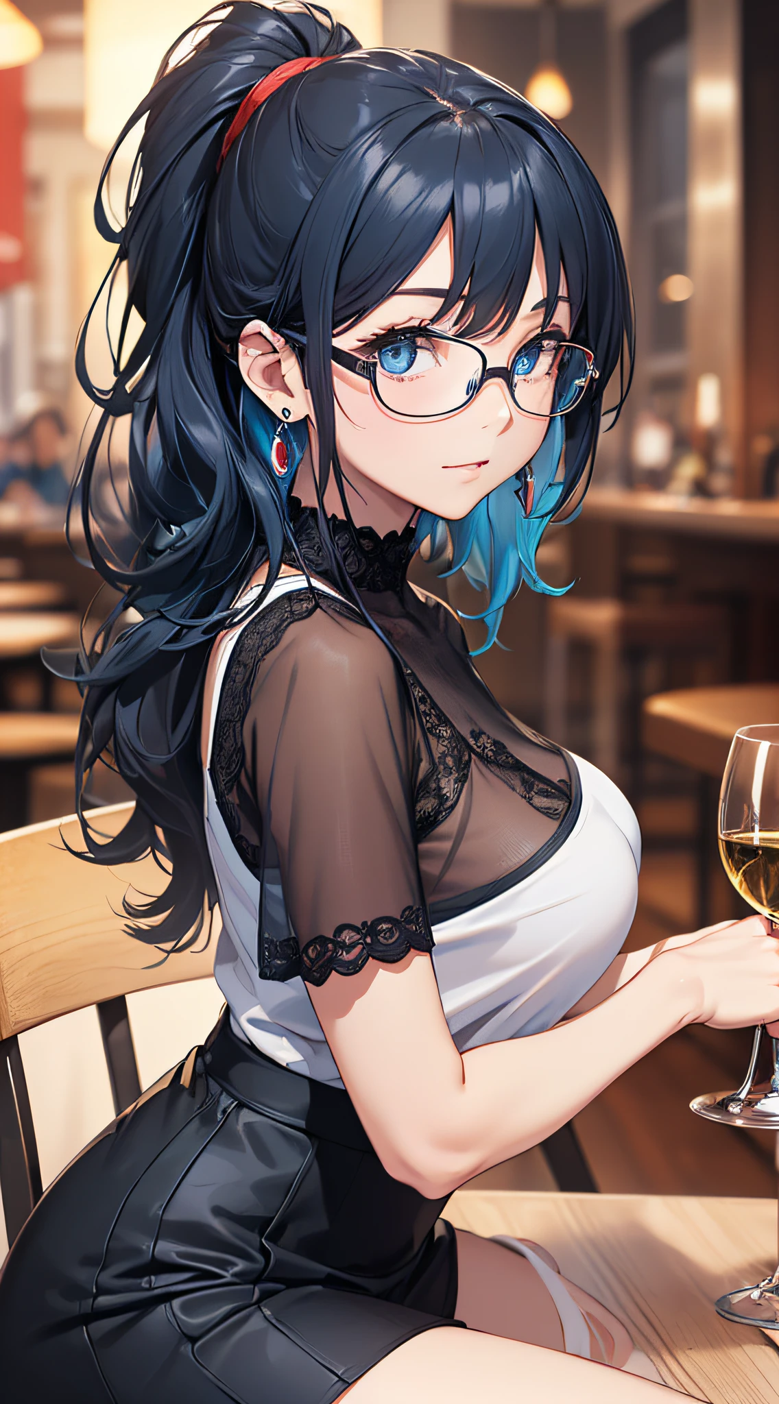 top-quality、Top image quality、masterpiece、girl with((cute little、18year old、Best Bust、Medium bust、Bust 85,Beautiful blue eyes、Breasts wide open,Black Short Sleeve T-Shirt、White see-through、Black short skirt、Ponytail with black hair、Beautiful blue earrings、A slender、Blue hair mesh、sit a chair、Meet your audience face-to-face、Leaning forward、Poses that emphasize breasts、Fiddling with glasses、Drunken face、Look away a little))hiquality、Beautiful Art、Background with((Red and blue lighting、Stylish restaurant at night、Stylish table、White Wine Bottle、White Wine Glasses)),masutepiece、Elaborate design、visualart、depth of fields、The best lighting、highestdetailed、8k