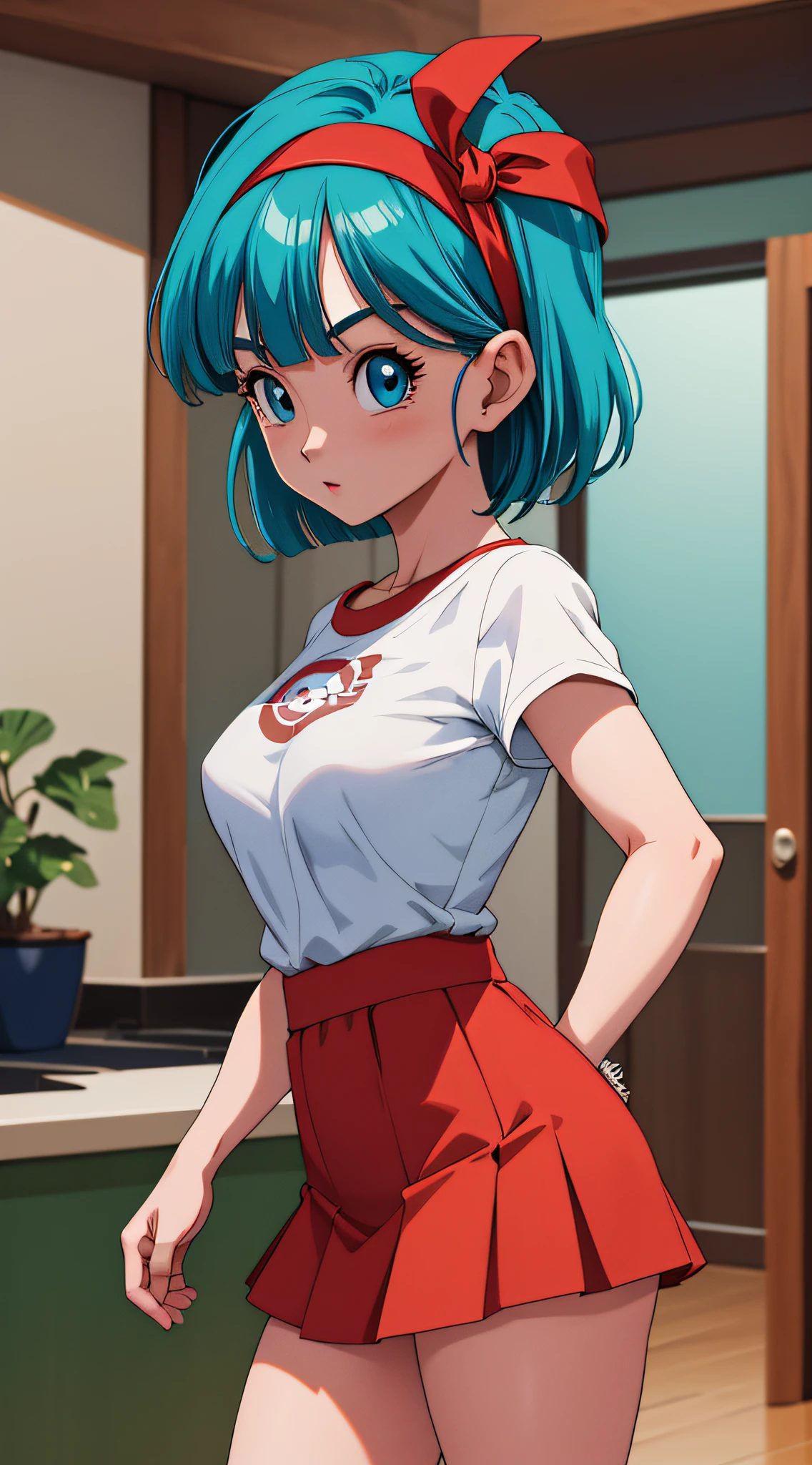 masterpiece, best quality, highres, dragon ball, blmmid, aqua hair, medium hair, blunt bangs, red hairband, medium breasts, shirt, skirt, cowboy shot, indoors, standing,