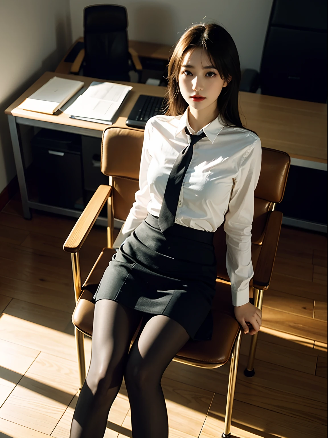 1girl,young girl, shiny skin,medium breasts,nice leg line:1.3, thin waist,school uniform, thighhighs,necktie,((pencil skirt)),looking at viewer,from below,( pantyhose:1.3),(The golden ratio figure),(Office, sit in a chair:1.3),Close range
masterpiece, best quality, best perspective, ultra-detailed and intricate, extremely delicate and beautiful, best quality light, (ray tracing:1.1), anti-aliasing,
realistic,photorealistic,award-winning illustration,(intricate details:1.2),(delicate detailed) (intricate details),(cinematic light,best quality Backlights),clear line,sharp focus,official art,unity 8k wallpaper,absurdres,incredibly absurdres,huge filesize,ultra-detailed,highres,extremely detailed extremely delicate and beautiful,RAW photo, professional lighting,dynamic lighting,light on the face,depthoffield,solofocus,
