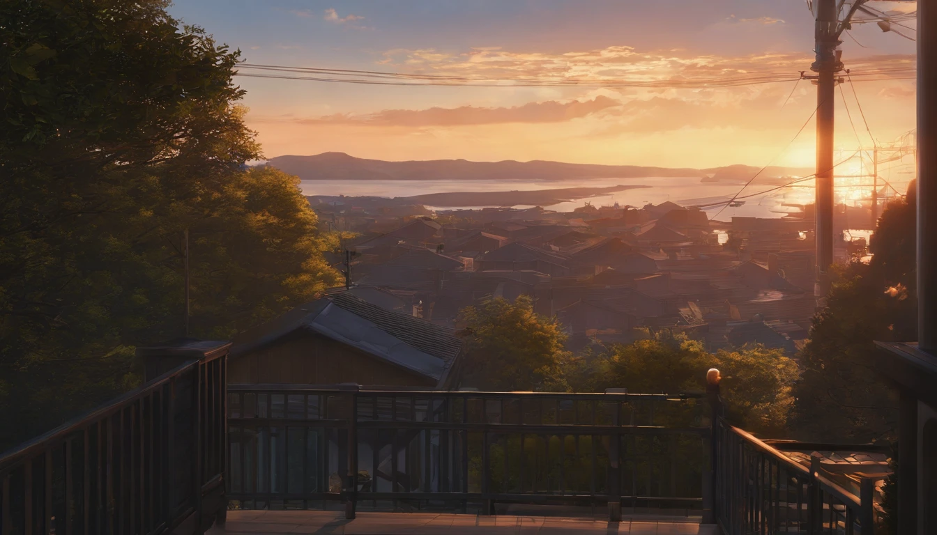 by makoto shinkai and ghibli studio, outlined silhouettes, Dramatic Lighting, Highly detailed, Incredible quality, Trending on ArtStation, masutepiece, 8K、bathhouse、a person、hot Water、chimney、fumo、Residential area、Bright background、natta、Bright streetlight