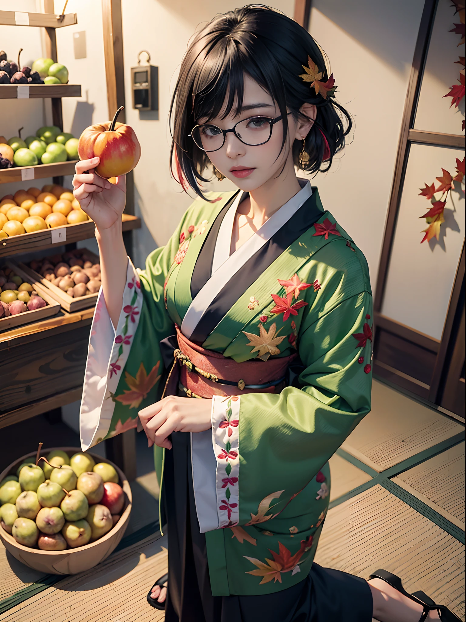 Background of details(Green Fruit Shop(Autumn fruits:1.5)),BREAK ,elaborate costume(Luxury kimono(Colorful kimono(detailed embroidery))),BREAK,1 Beautiful and classy adult woman(Japanese actressl:1.2)(Glasses)(shinny hair(A black,verdant)(Short hair)),With persimmon,BREAK,Wallpapers 16K,Blur the background,(masutepiece:1.5), (Best Quality:1.5),(Portrait photos:1.5),(full body Esbian:1.5)