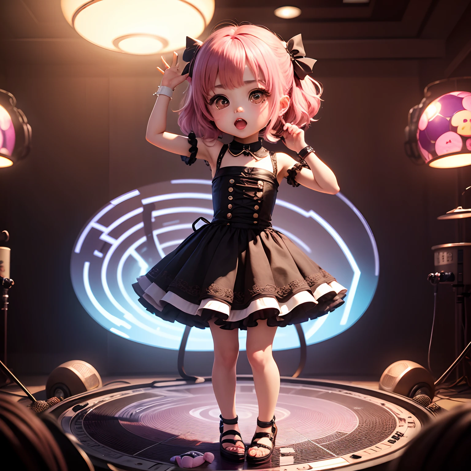 masterpiece、top-quality、ultra-detailliert、(Chibi Chara's Daughter:1.2)、Chibi Karaoke Room、mirror ball🪩、スタンドマイク🎙️、Enthusiasm、Standing