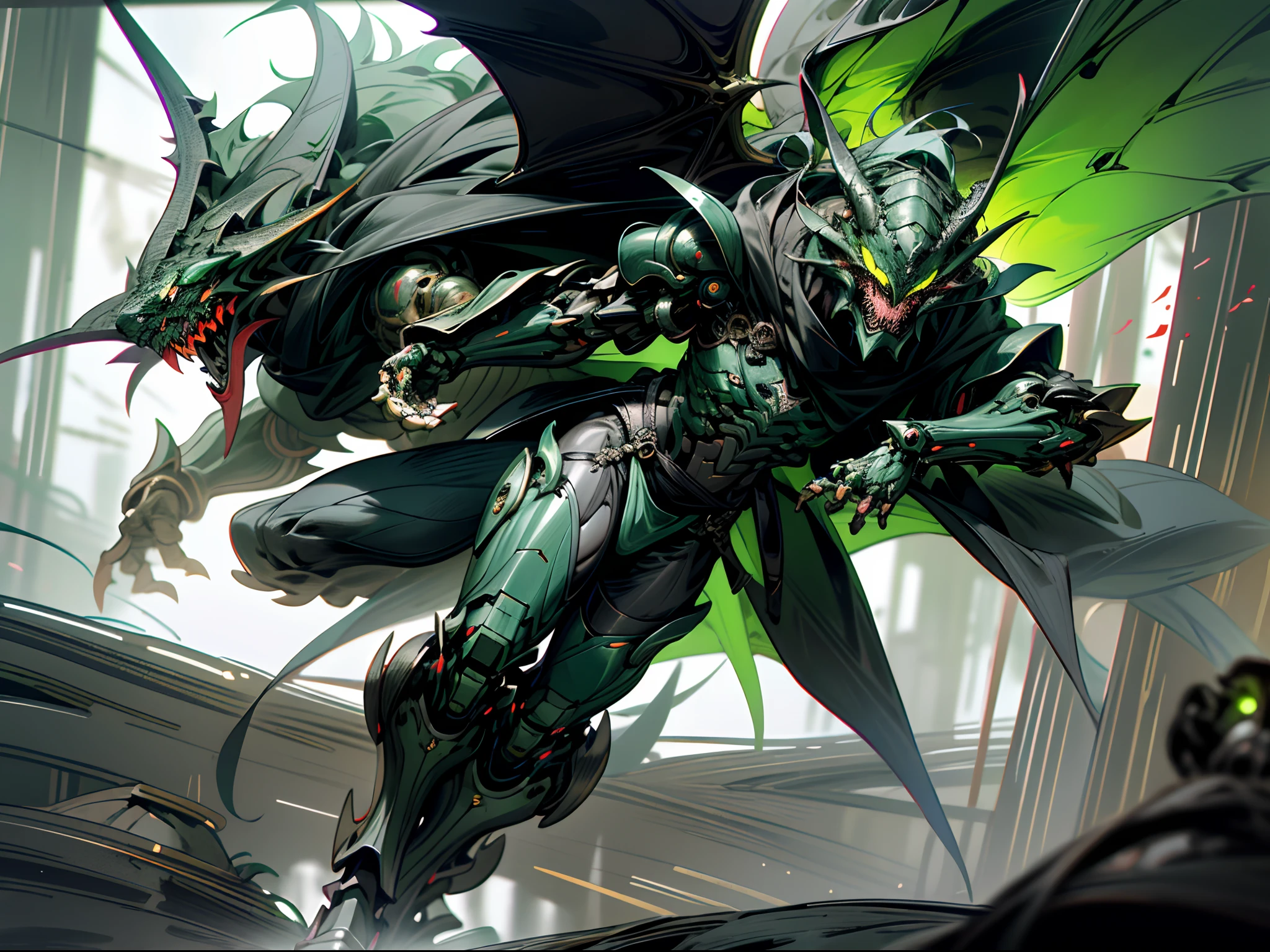 solo male, carapace armor, red eyes, green armor, black pants, black gloves, insect wings, four horns, sharp teeth