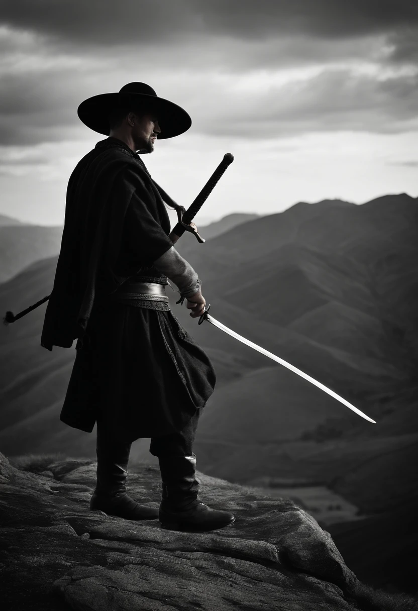 There was a man standing on top of a mountain.,Put on a patio hat.,Hand Held Sword,Wearing a black Monggong dress.,Standing on top of a mountain fighting with another man.