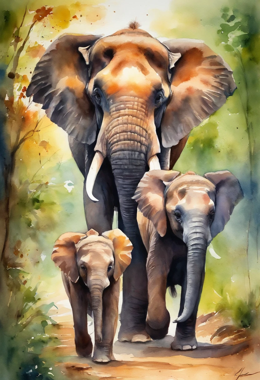 Three-headed family of Asian elephants, Dad, Mom and son, walking towards camera, Colorful scenery. Elephants are painted with brightly colored paints. aquarelle, Soft color, Close-up. Landscape format