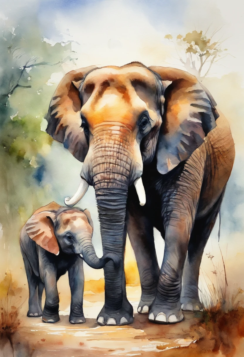 Three-headed family of Asian elephants, Dad, Mom and son, walking towards camera, Colorful scenery. Elephants are painted with brightly colored paints. aquarelle, Soft color, Close-up. Landscape format